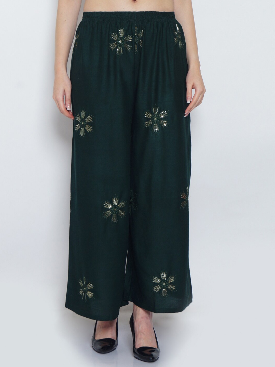 

Jinfo Women Floral Embroidered Wide Leg Palazzos, Green