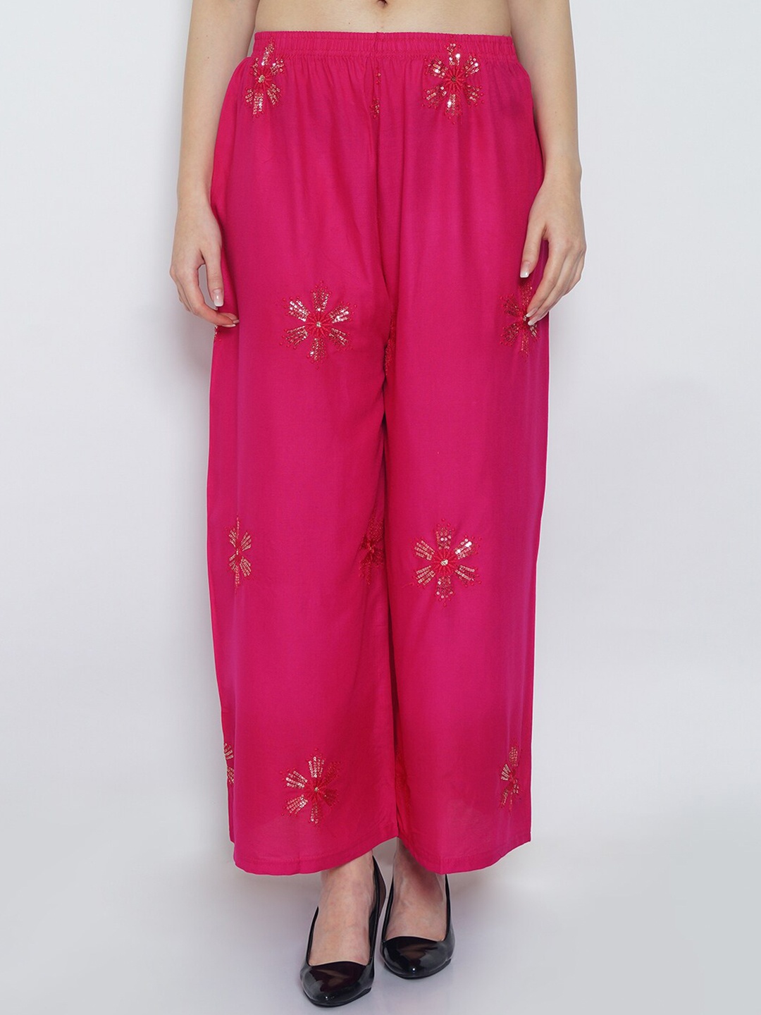 

Jinfo Women Floral Embroidered Wide Leg Palazzos, Pink