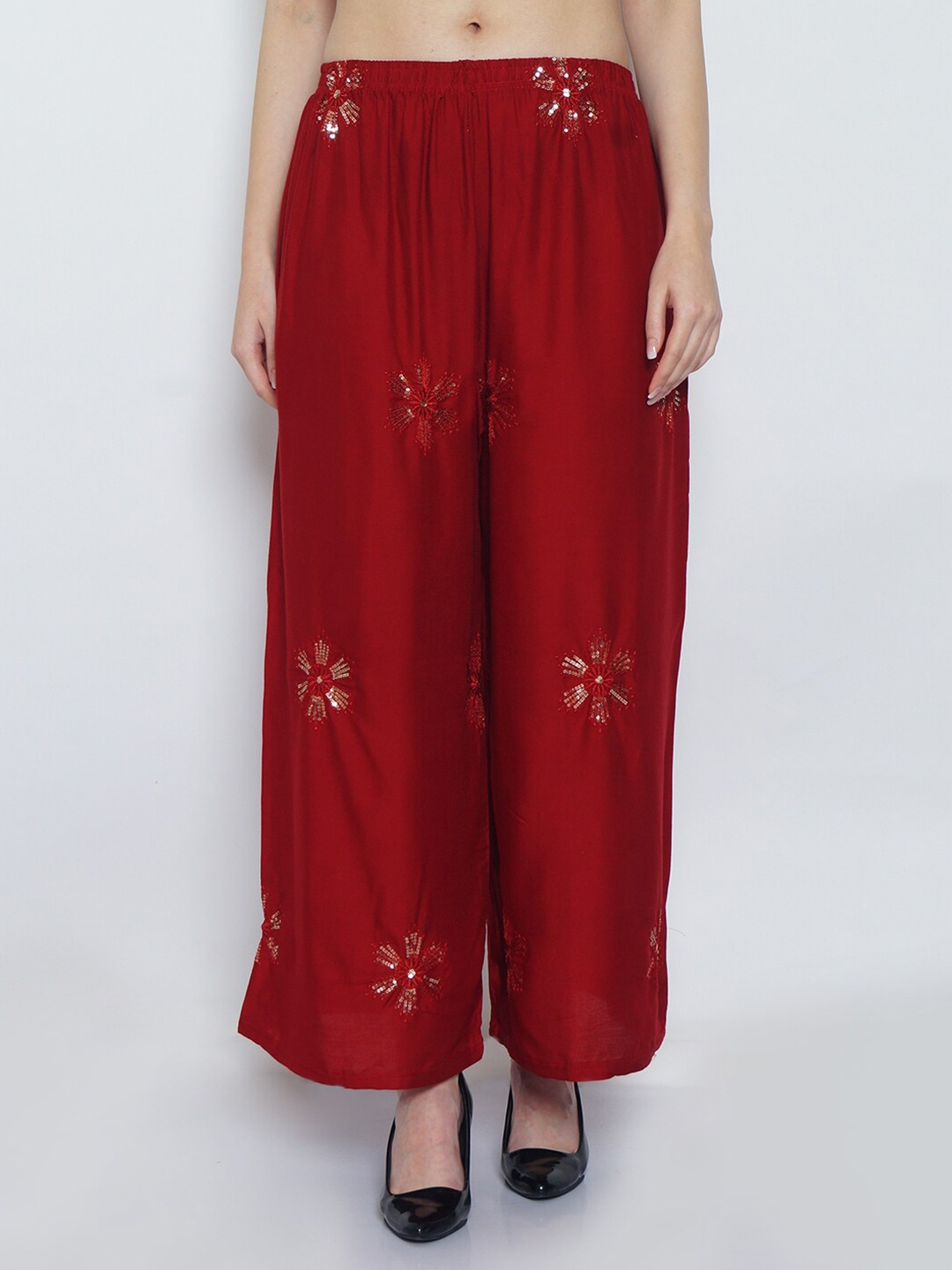 

Jinfo Women Floral Embroidered Wide Leg Palazzos, Maroon