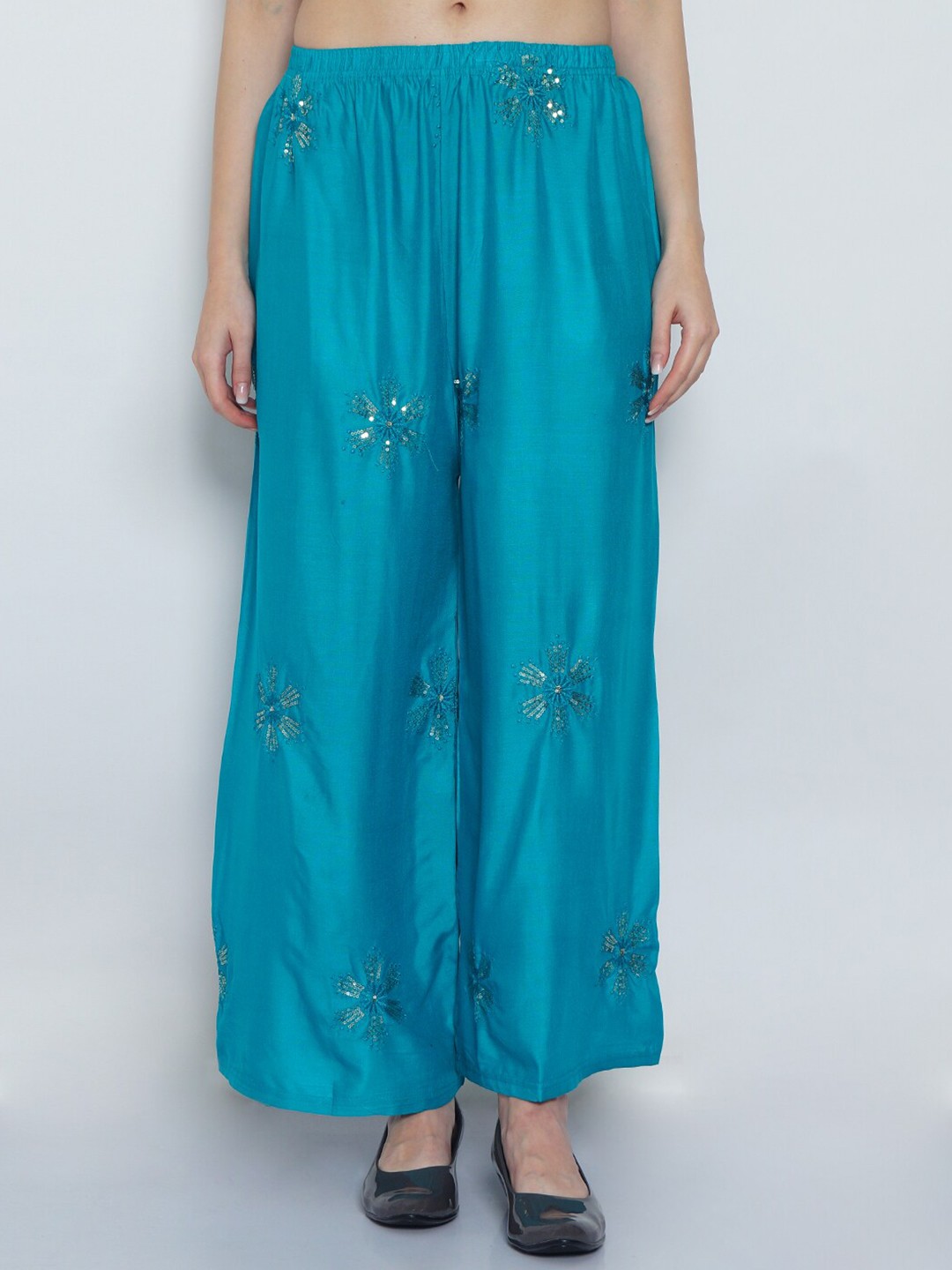 

Jinfo Women Floral Embroidered Wide Leg Palazzos, Turquoise blue
