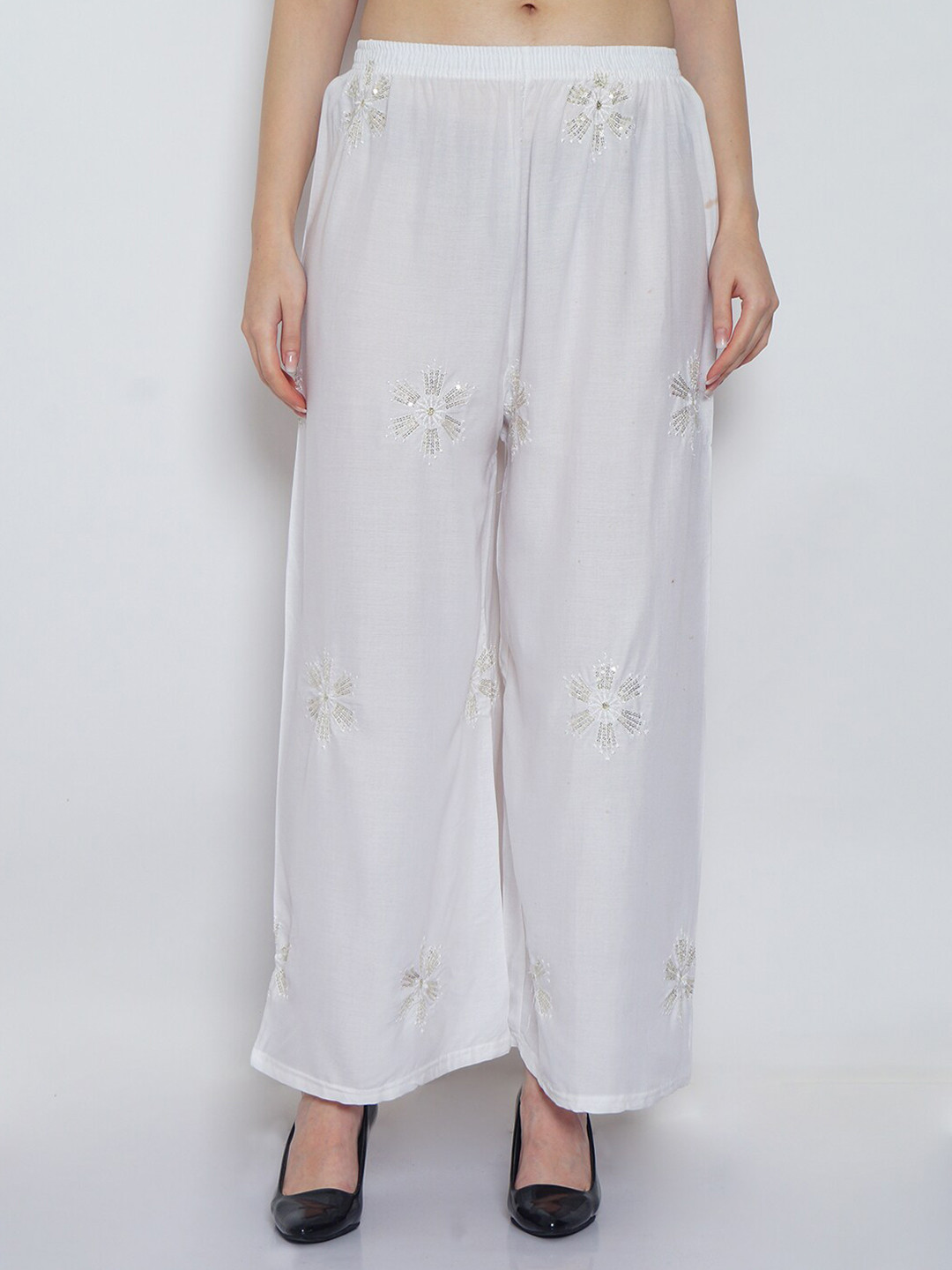 

Jinfo Women Floral Embroidered Wide Leg Palazzos, White
