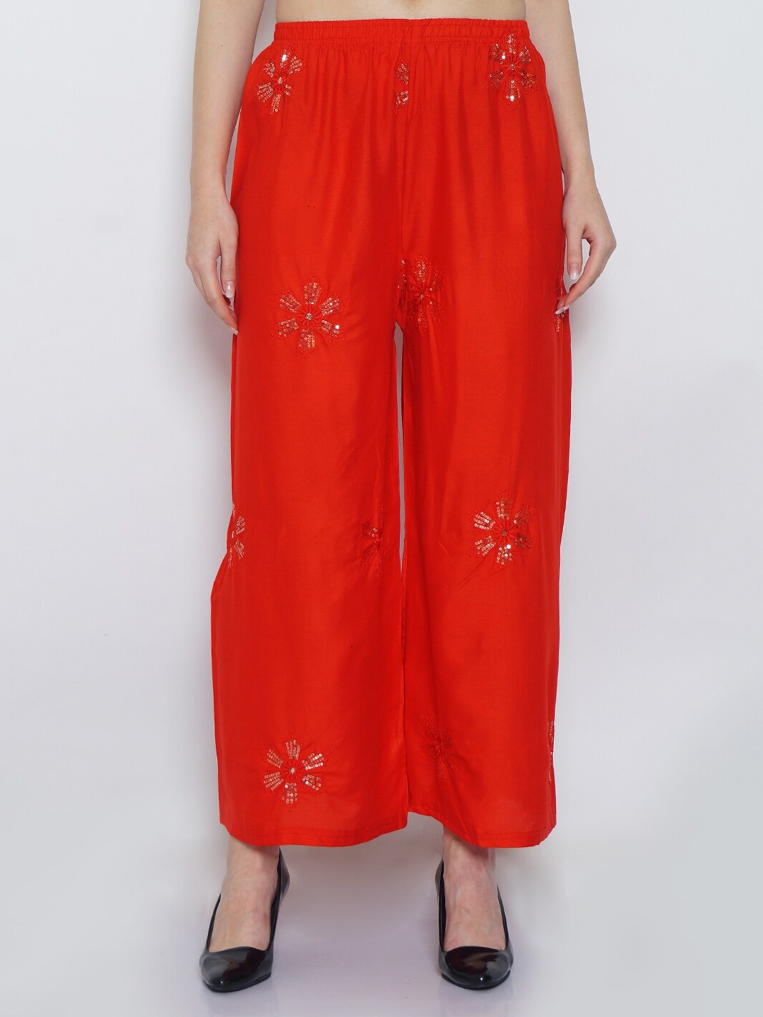 

Jinfo Women Floral Embroidered Wide Leg Palazzos, Red