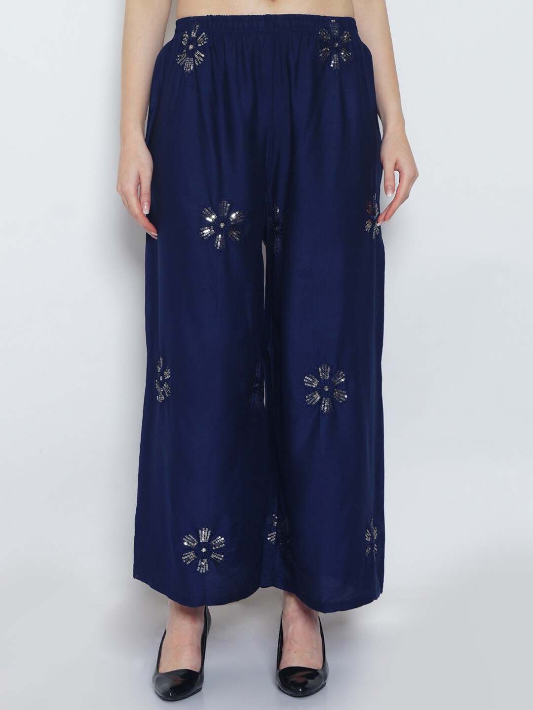 

Jinfo Women Floral Embroidered Wide Leg Palazzos, Navy blue