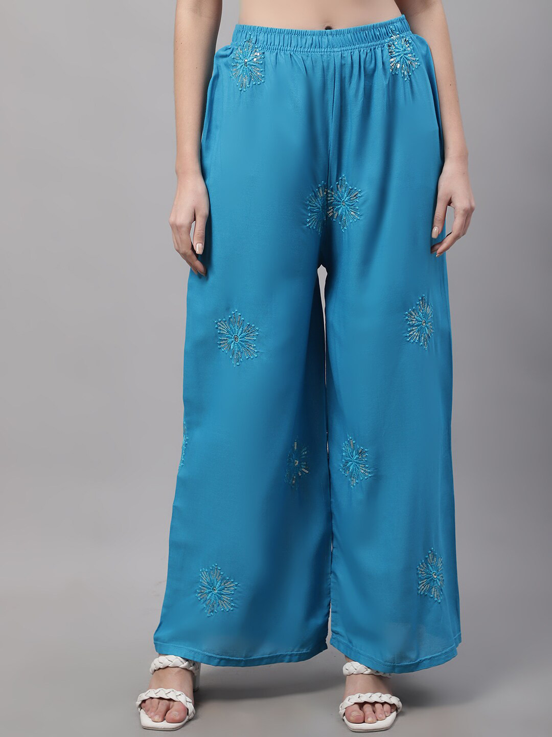 

Jinfo Women Floral Embroidered Wide Leg Palazzos, Sea green