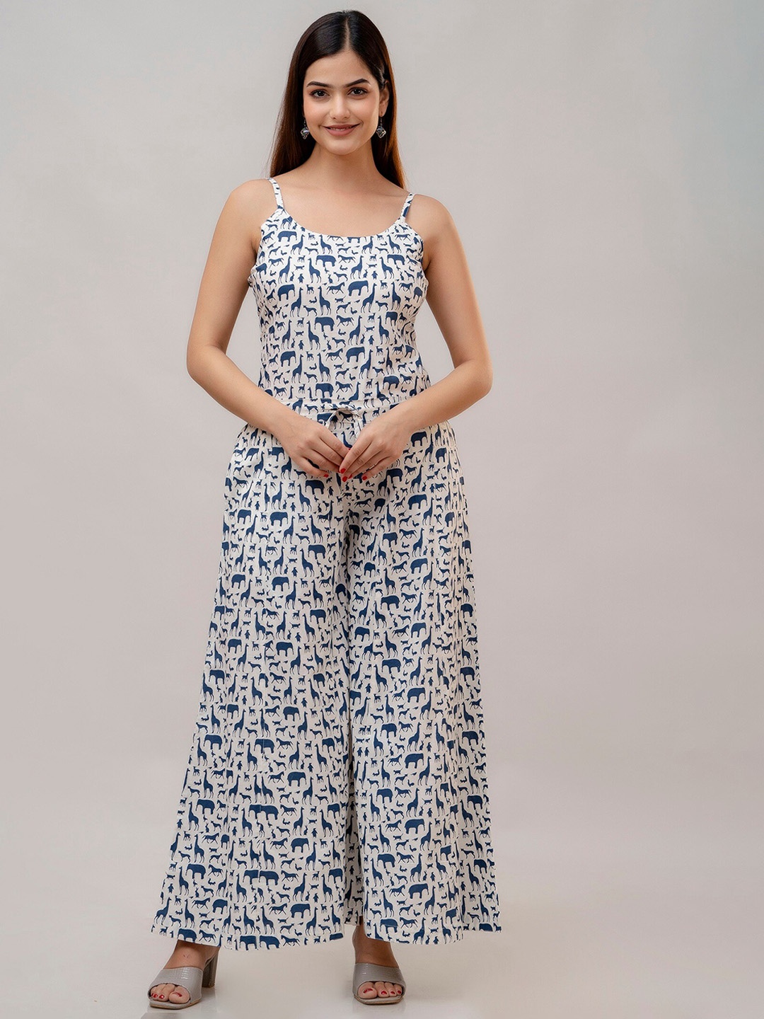 

SHOOLIN Conversational Printed Shoulder Straps Pure Cotton Top With Palazzo, White