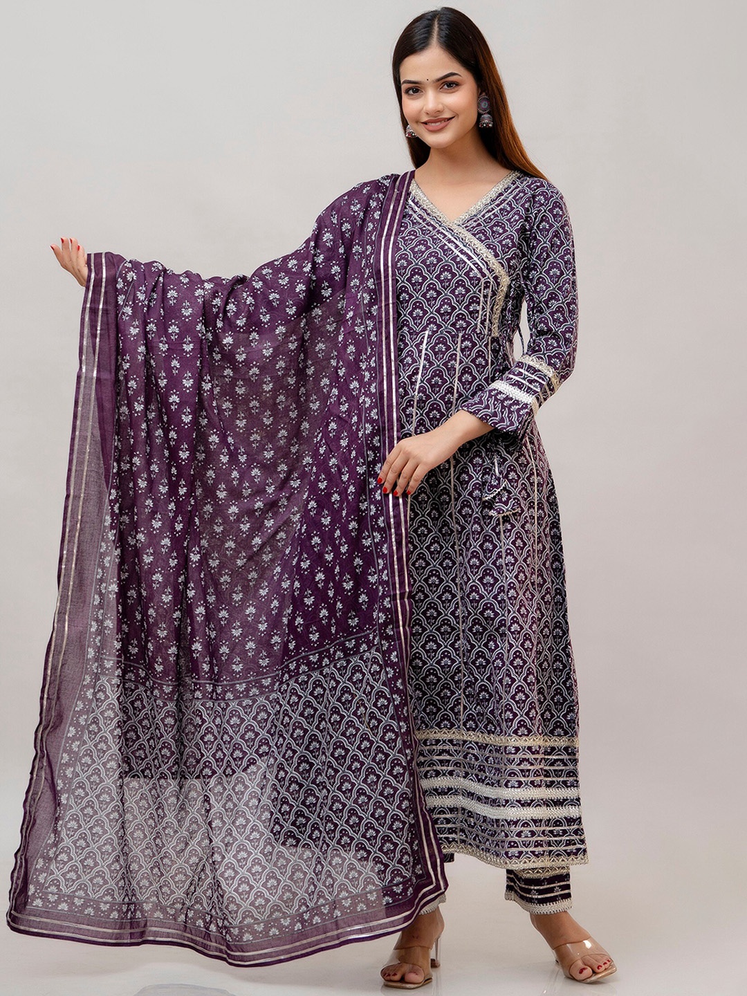 

SHOOLIN Floral Printed Gotta Patti Pure Cotton Anarkali Kurta with Trousers & Dupatta, Purple