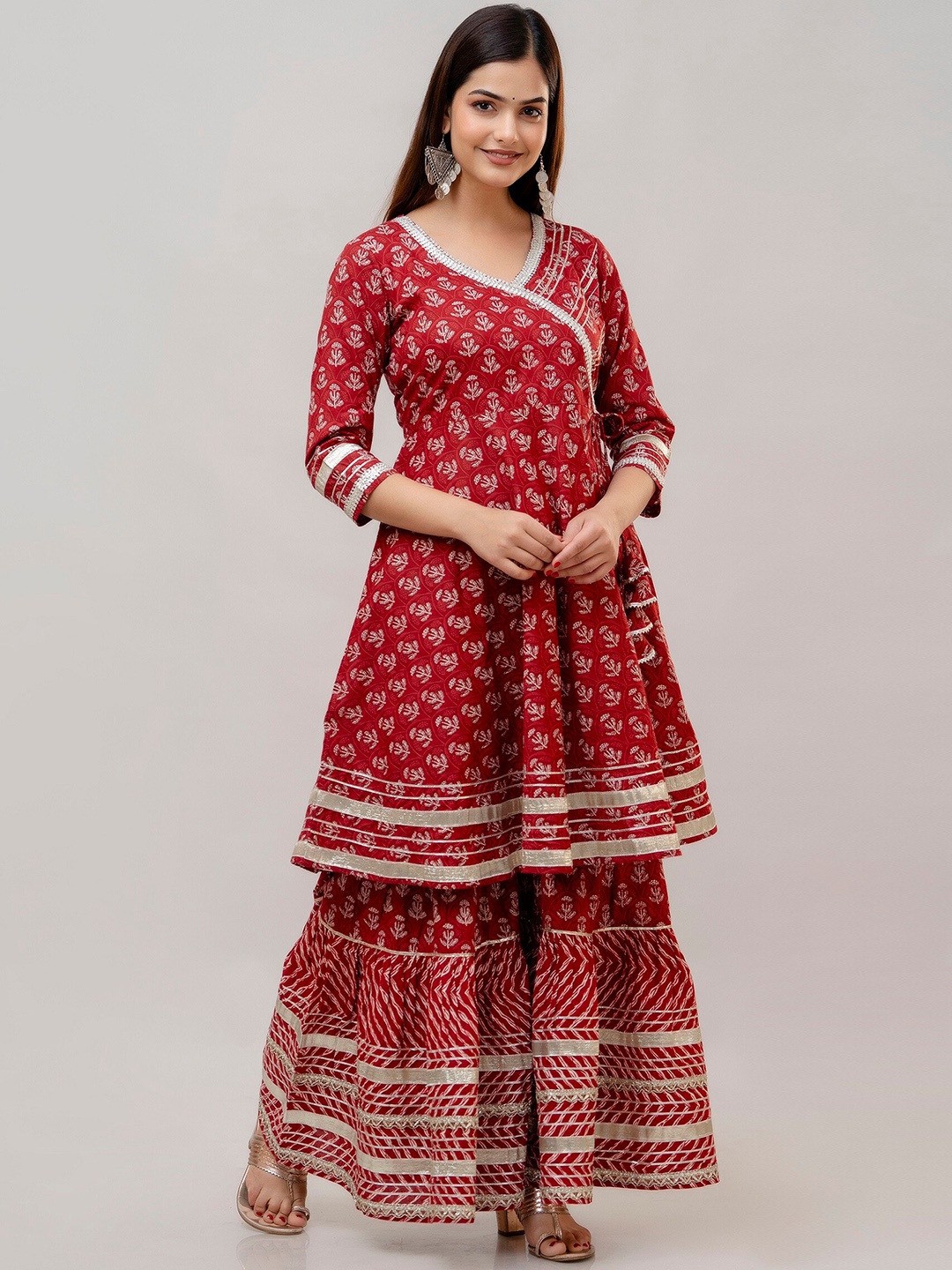 

SHOOLIN Floral Printed Angrakha Gotta Patti Pure Cotton Kurta with Sharara, Maroon