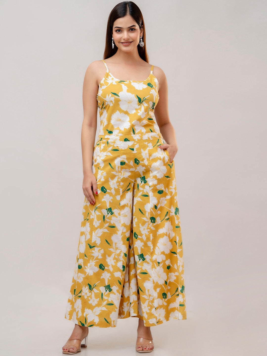 

SHOOLIN Floral Printed Shoulder Straps Pure Cotton Top With Palazzo, Yellow