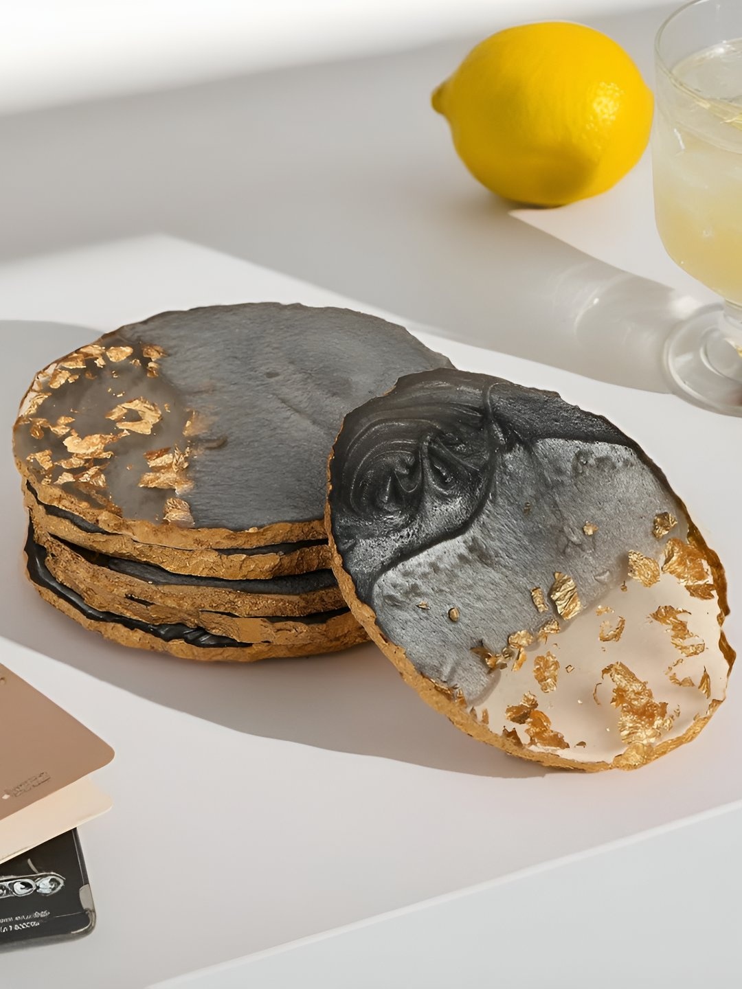 

THE HOME CO. Grey & Gold Toned 6 Pieces Printed Round Coasters