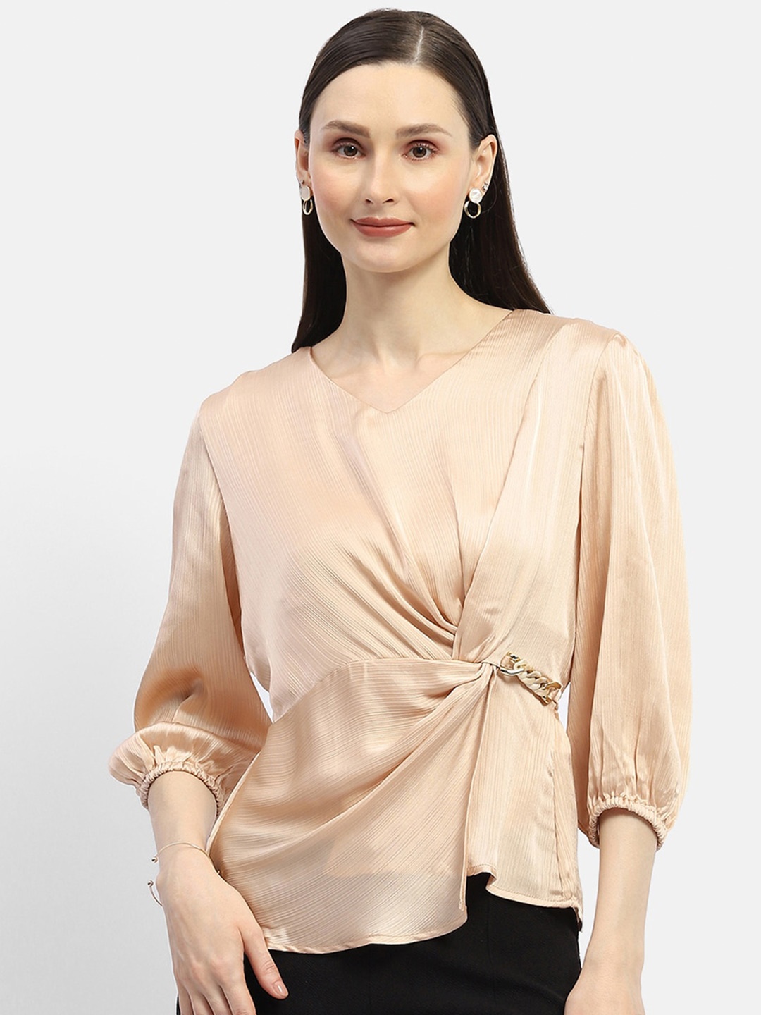 

Madame V-Neck Puff Sleeve Top, Beige