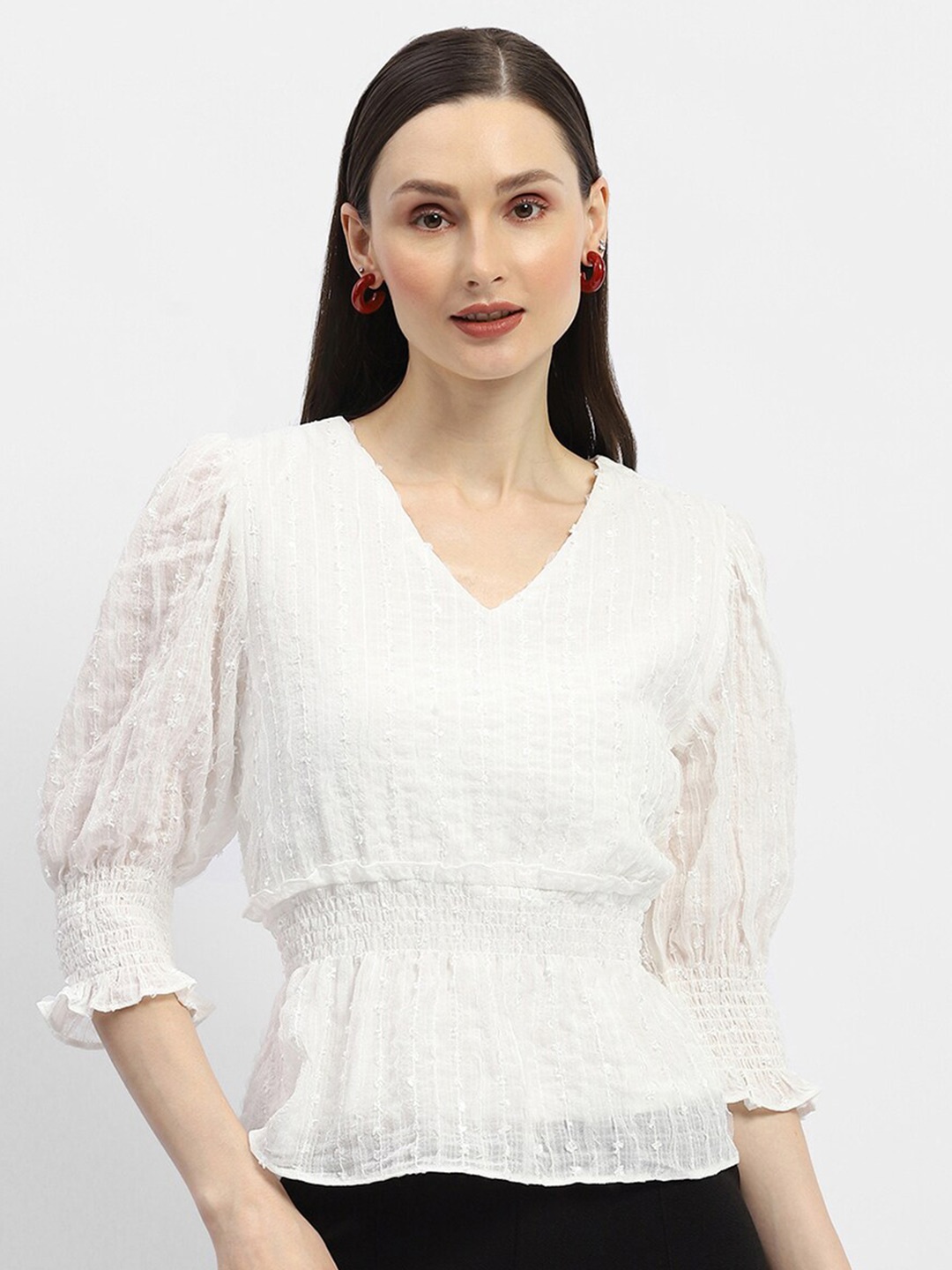 

Madame Self Design Puff Sleeve Cinched Waist Top, Off white