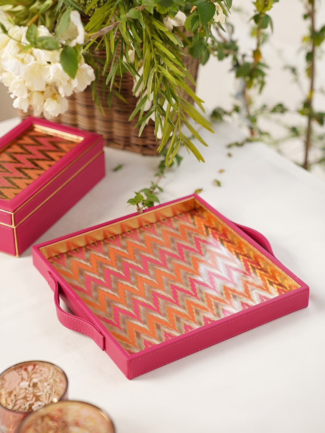 

Pure Home and Living Chevron Print Square Serving Tray, Pink