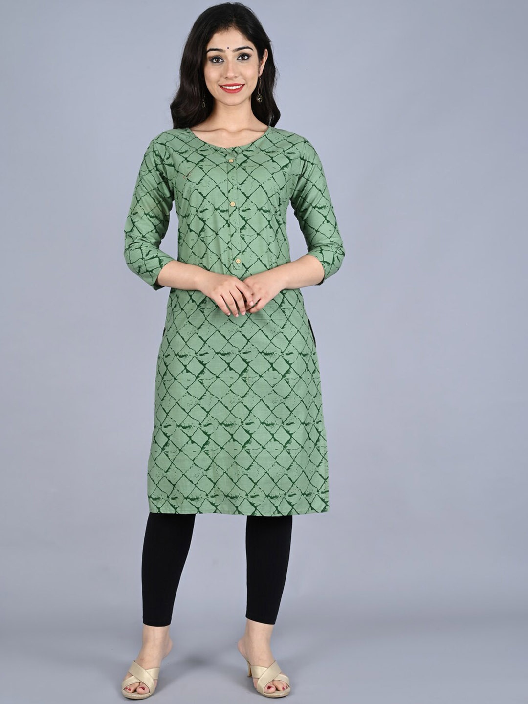 

Bachuu Round Neck Geometric Printed Pure Cotton Kurta, Green