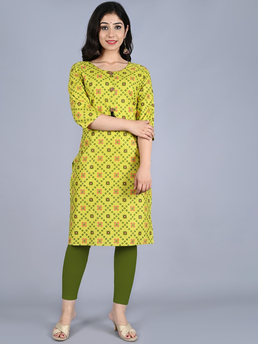 

Bachuu Ethnic Motifs Printed Thread Work V-Neck Cotton Straight Kurta, Green