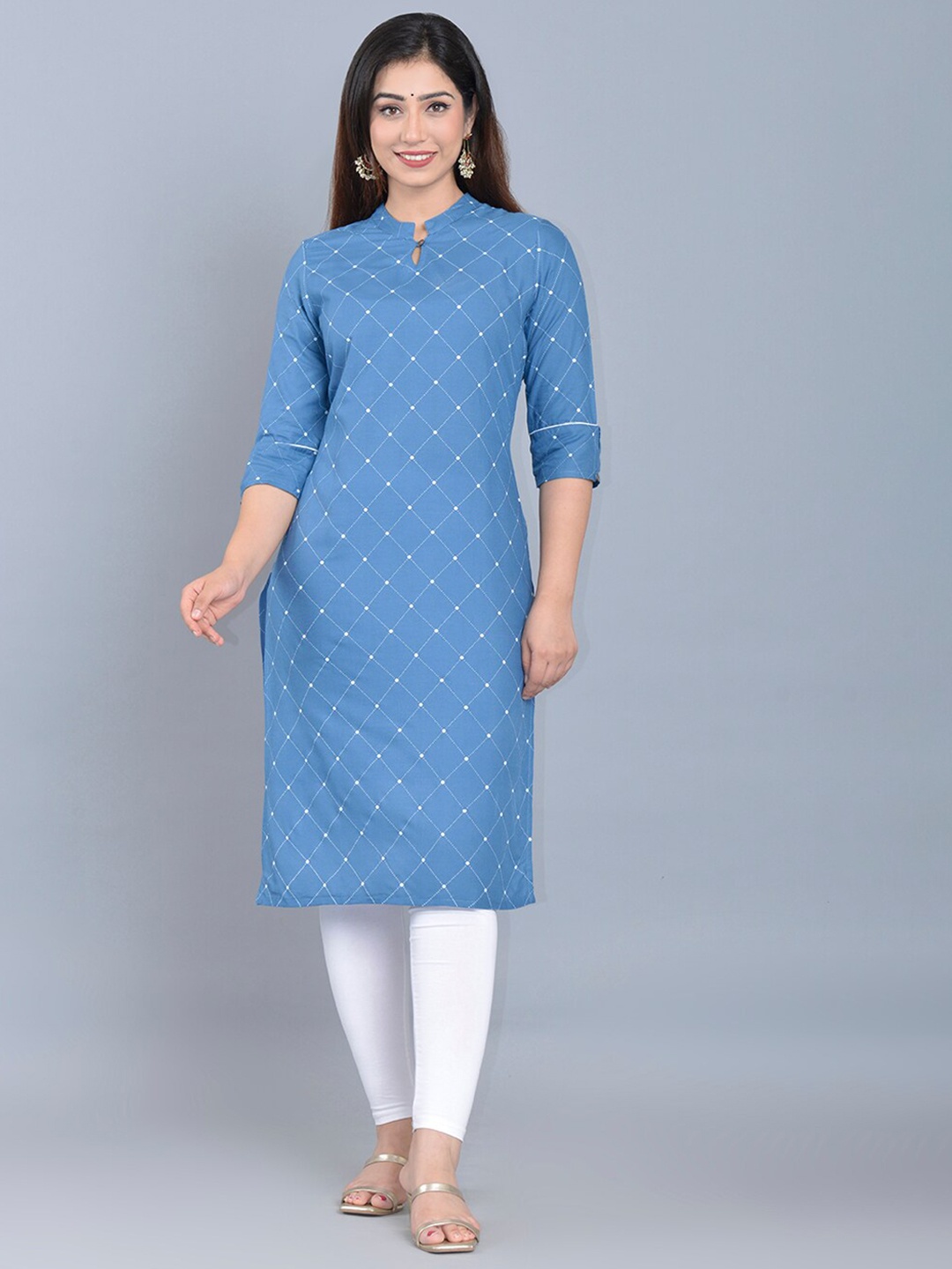 

Bachuu Mandarin Collar Geometric Printed Kurta, Turquoise blue