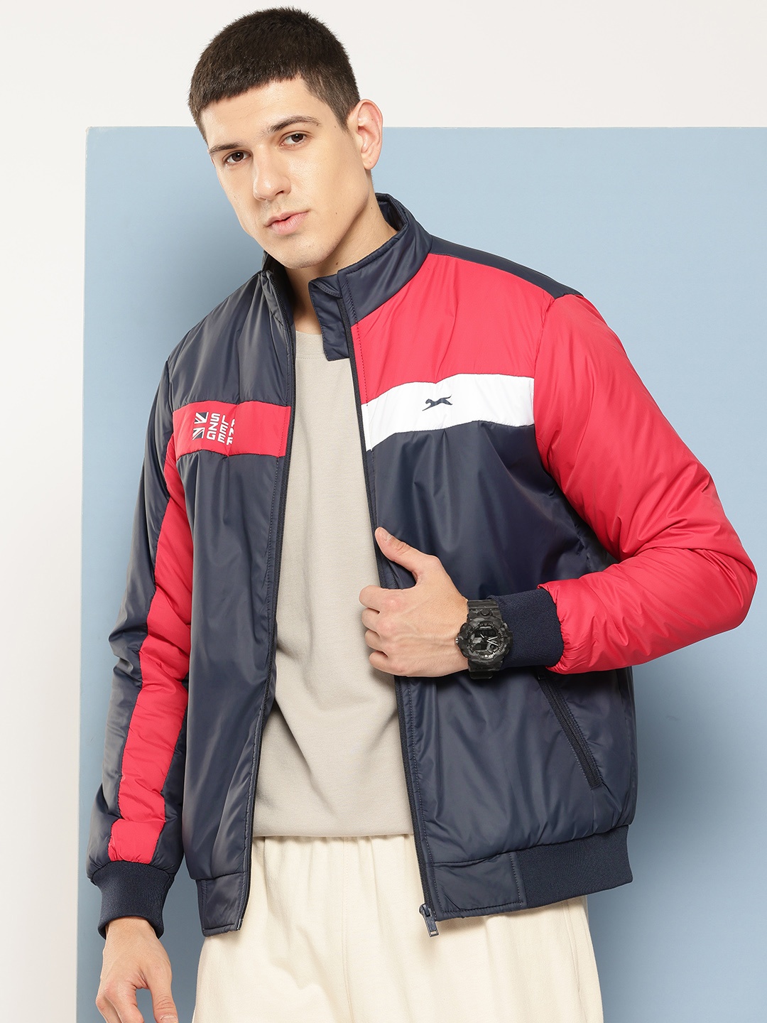 

Slazenger Colourblocked Mock Collar Bomber Jacket, Navy blue