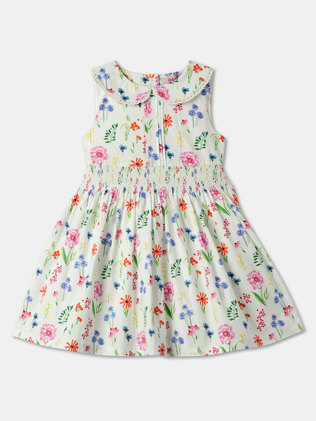 

R&B Girls Floral Printed Sleeveless Peter Pan Collar Cotton Fit & Flare Dress, White