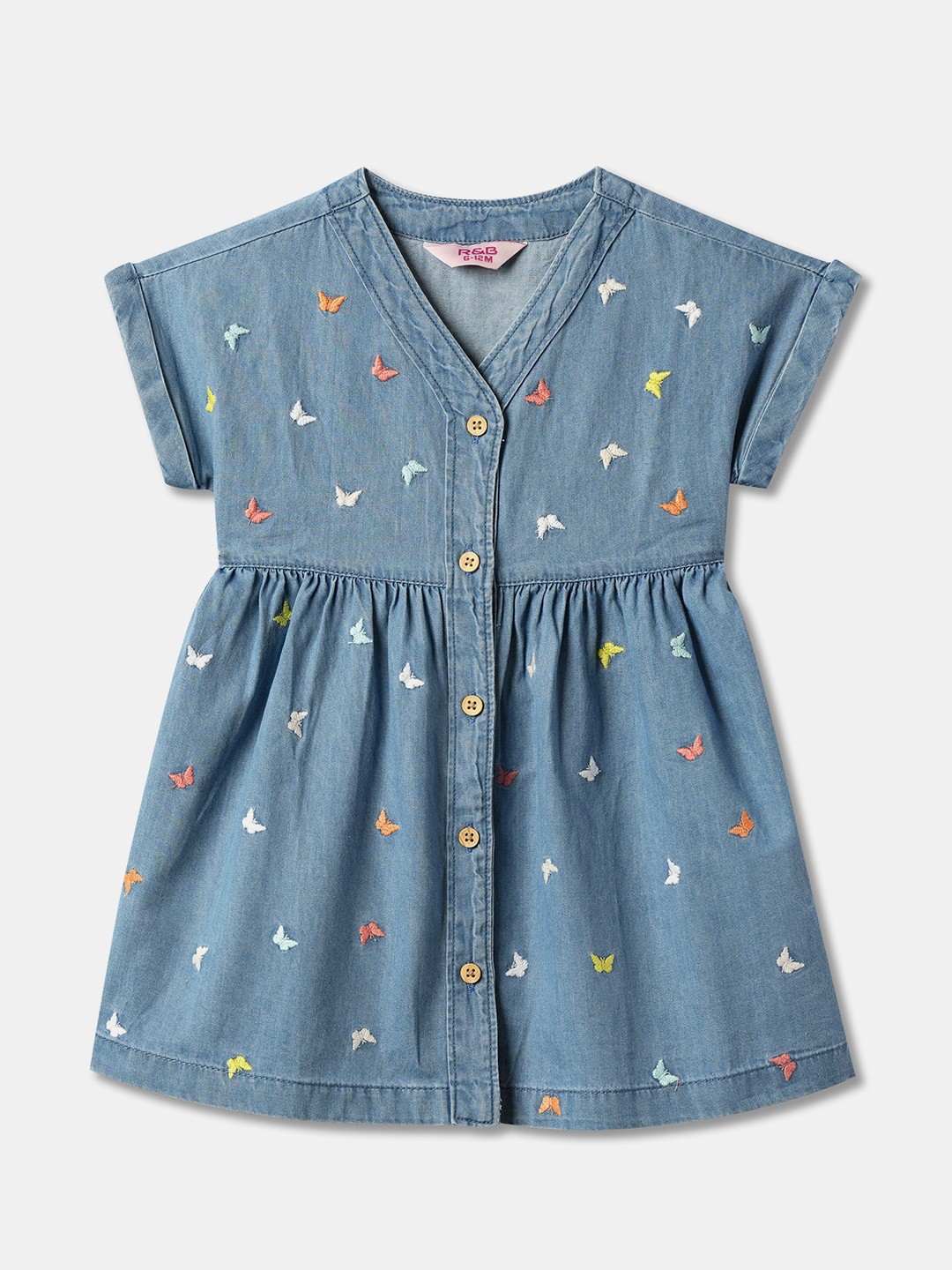 

R&B Infant Girls Embroidered Extended Sleeves Cotton Fit & Flare Dress, Blue
