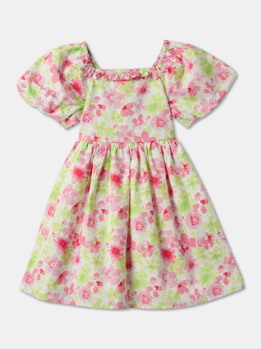 

R&B Girls Floral Printed Cotton Fit & Flare Dress, Green