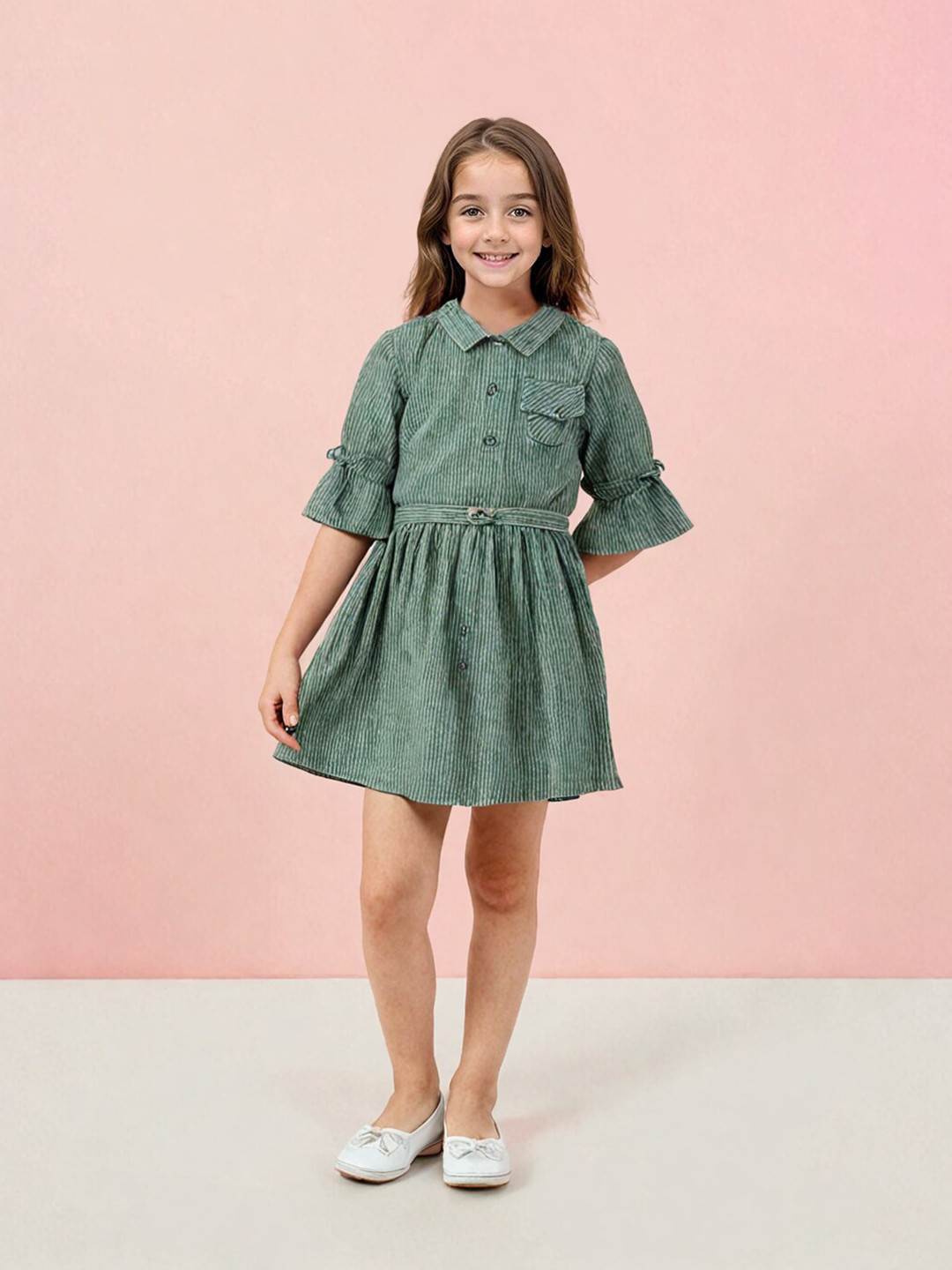 

Toonyport Girls Striped Self Design Bell Sleeves Fit & Flare Dress, Green