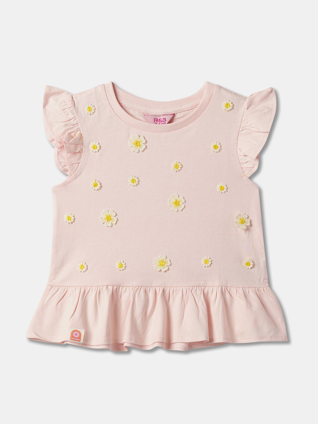 

R&B Girls Self Design Flutter Sleeves Cotton Top, Pink