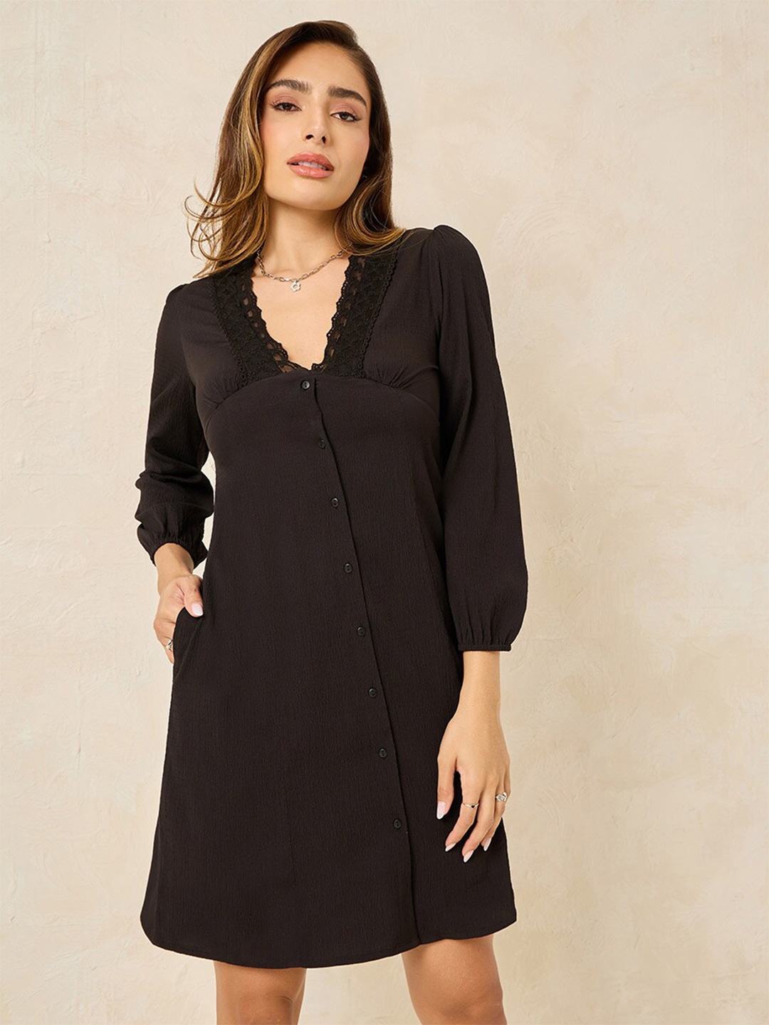 

Styli Puff Sleeve V-Neck A-Line Dress, Black