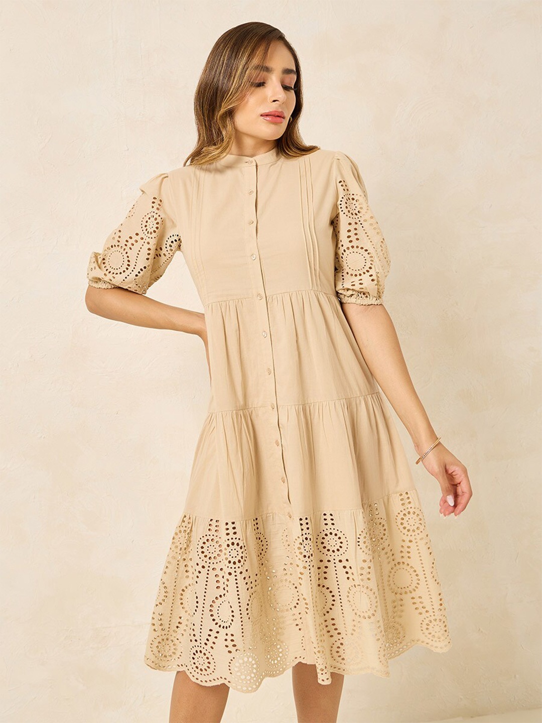 

Styli Self Design Mandarin Collar Puff Sleeve Midi Cotton A-Line Dress, Beige