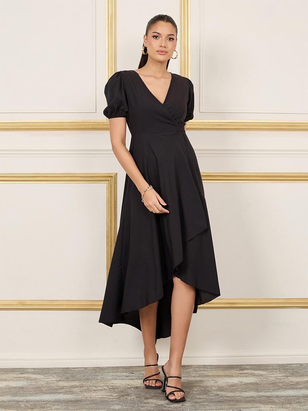 

Styli V-Neck Half Sleeve Wrap Midi Dress, Black