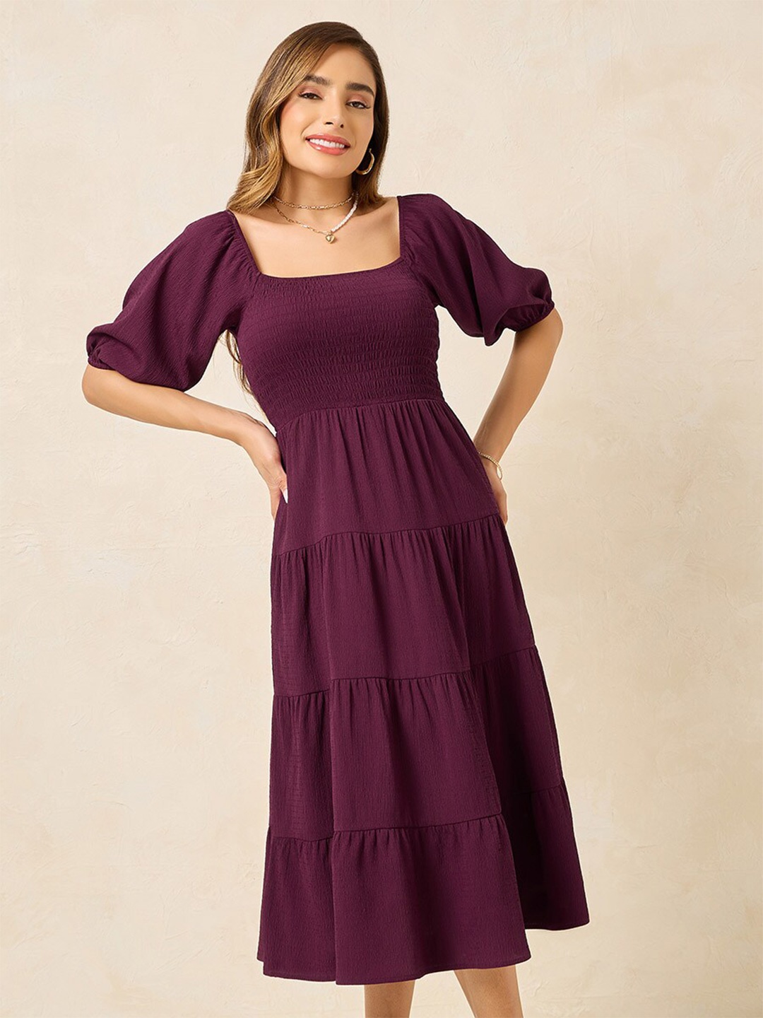 

Styli Square Neck Puff Sleeves A-Line Dress, Purple