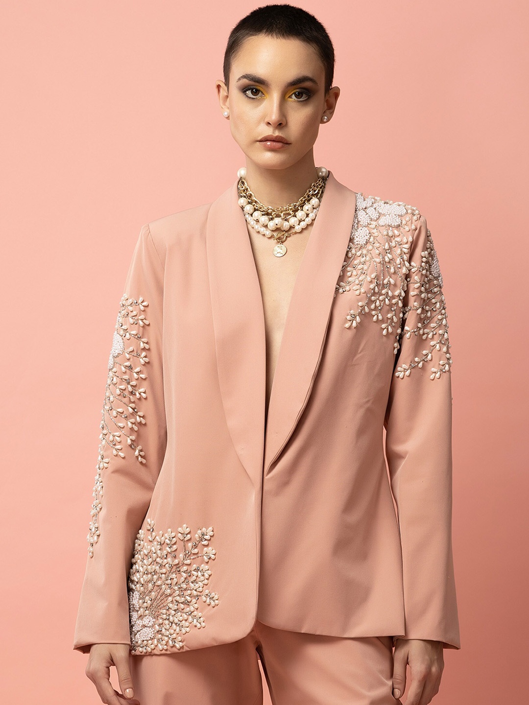 

Diwaah Veronica Embellished Shawl Collar Single Breasted Party Blazer, Peach