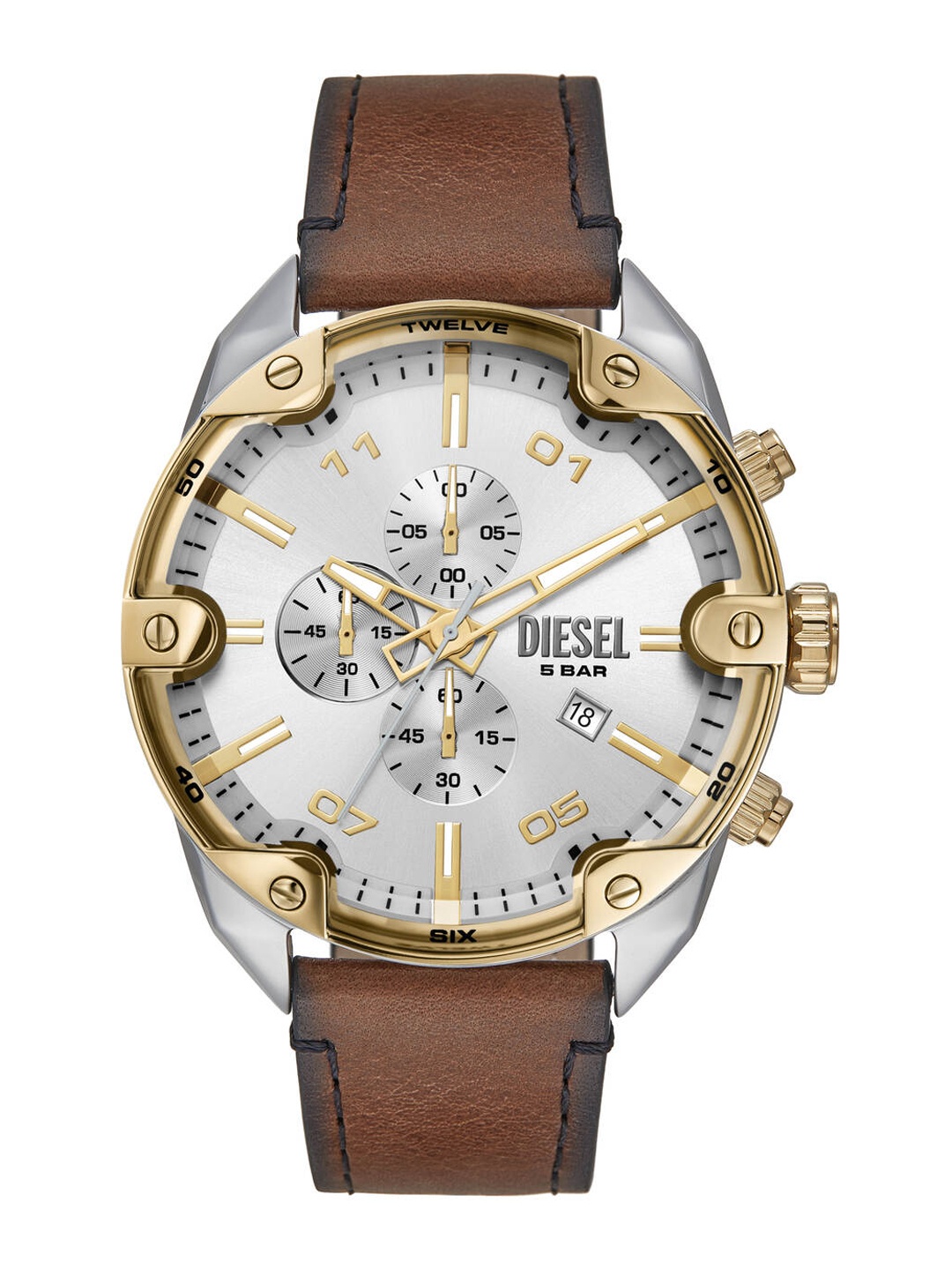 

DIESEL Spiked Men Embellished Dial & Leather Straps Analogue Watch DZ4665, Brown