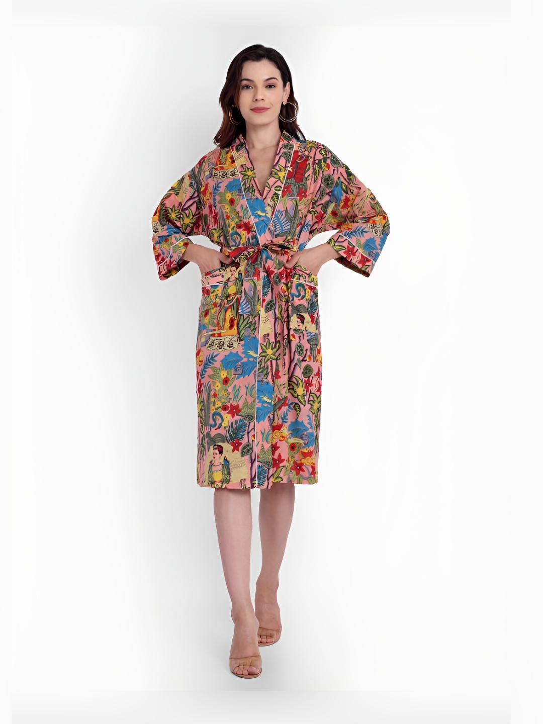 

Bohekant Pink & Blue Printed Cotton Bath Robe