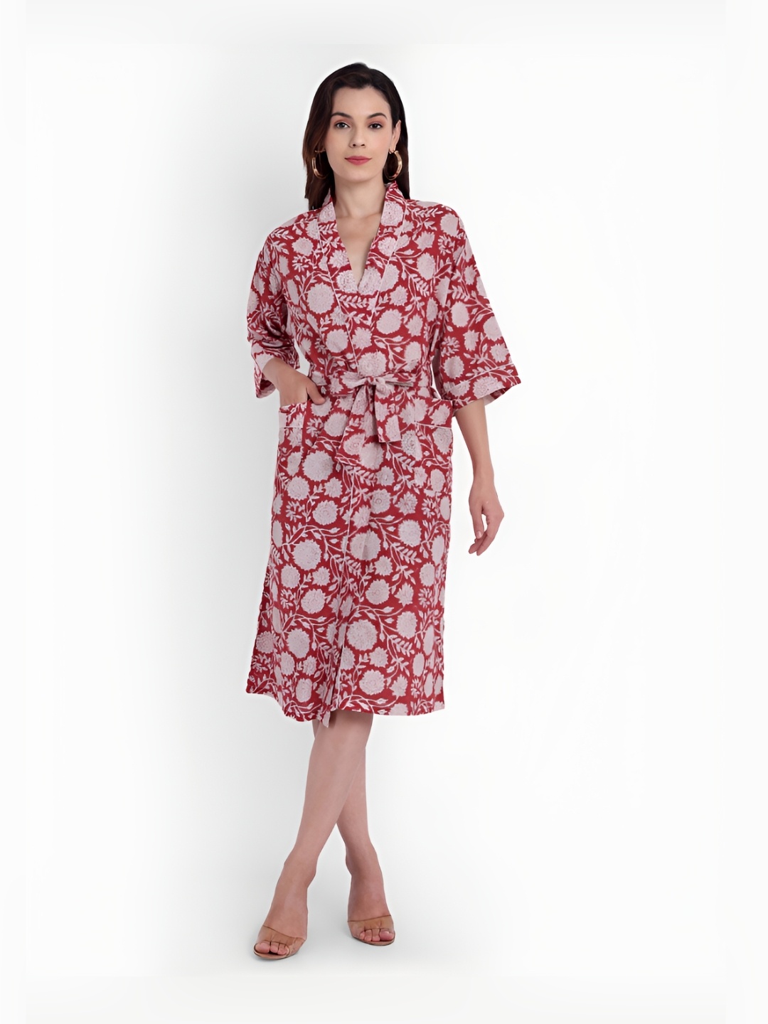 

Bohekant Red & White Printed Pure Cotton Bath Robe