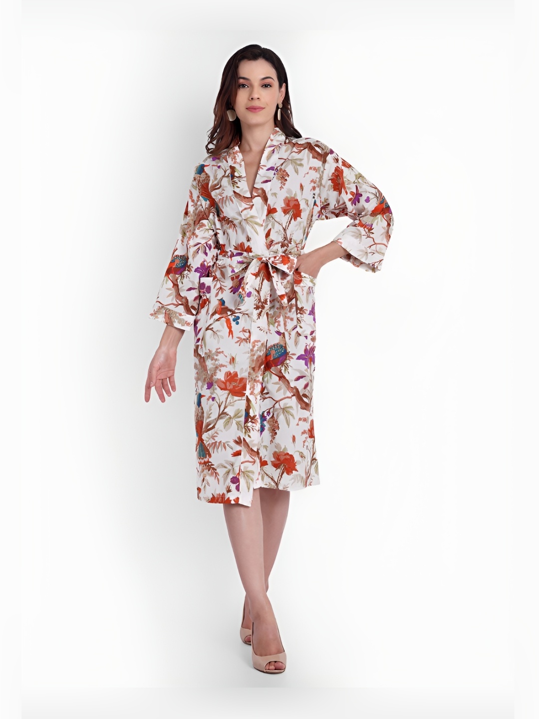 

Bohekant Beige & Red Printed Cotton Bath Robe