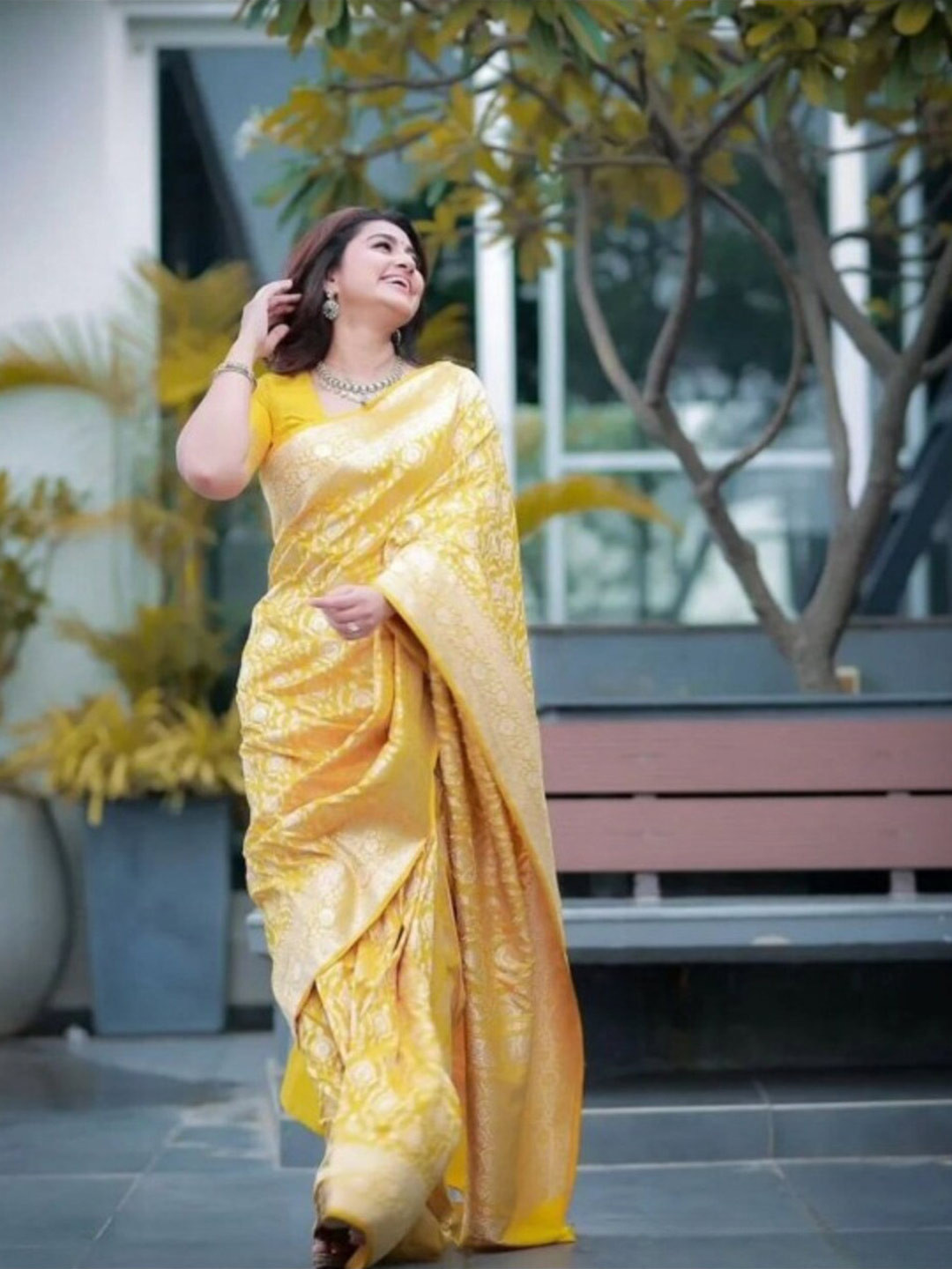 

ESOMIC EXPORT Ethnic Motifs Woven Design Zari Art Silk Banarasi Saree, Yellow