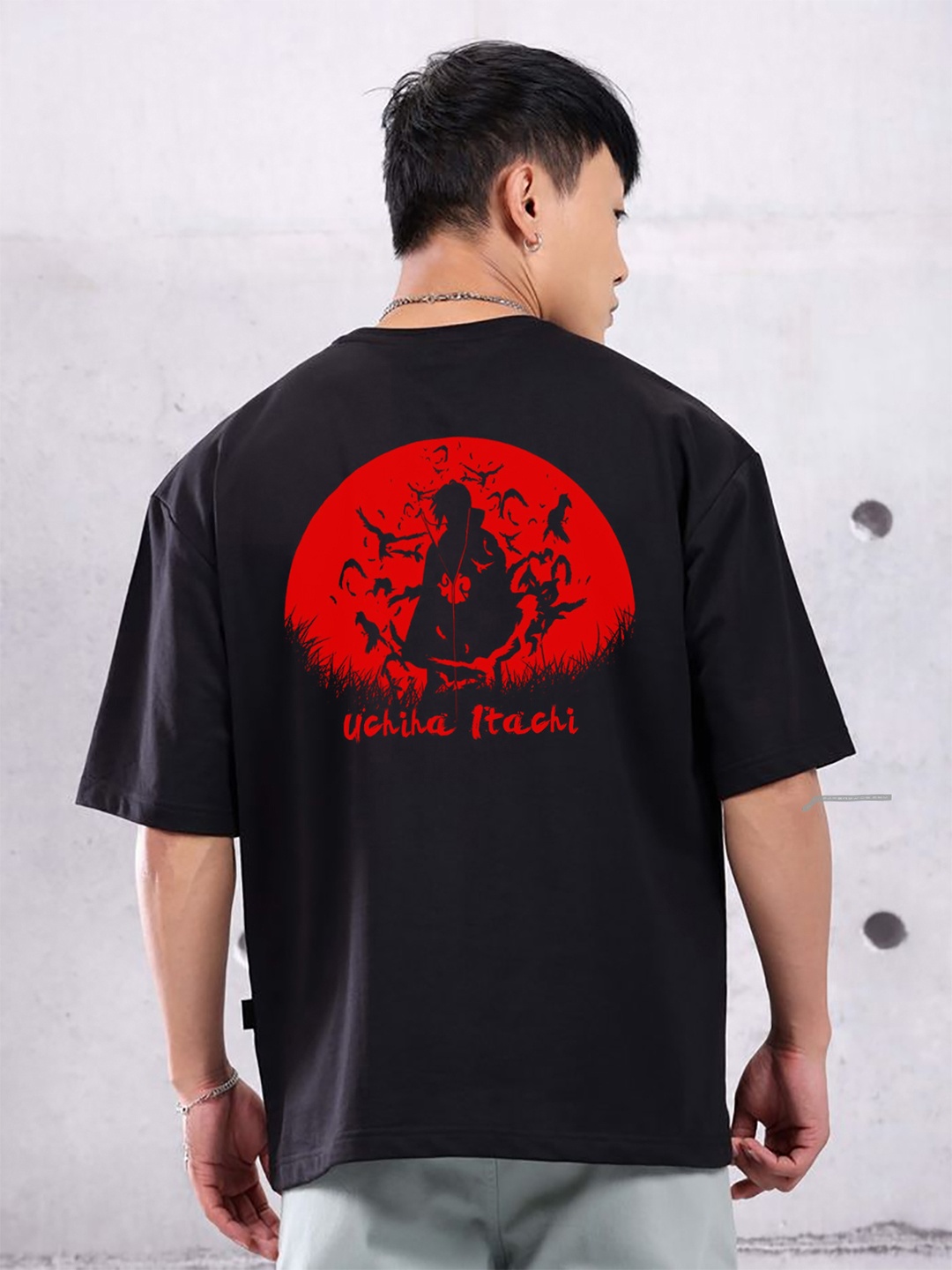 

RARESCAPE Uchiha Itachi Graphic Printed Drop-Shoulder Sleeves Oversized Cotton T-shirt, Black