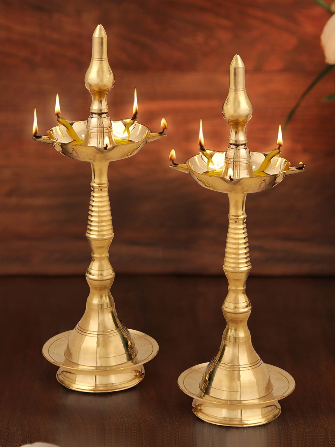 

TIED RIBBONS 2-Pcs Textured Brass Kerala Diya Stands, Gold