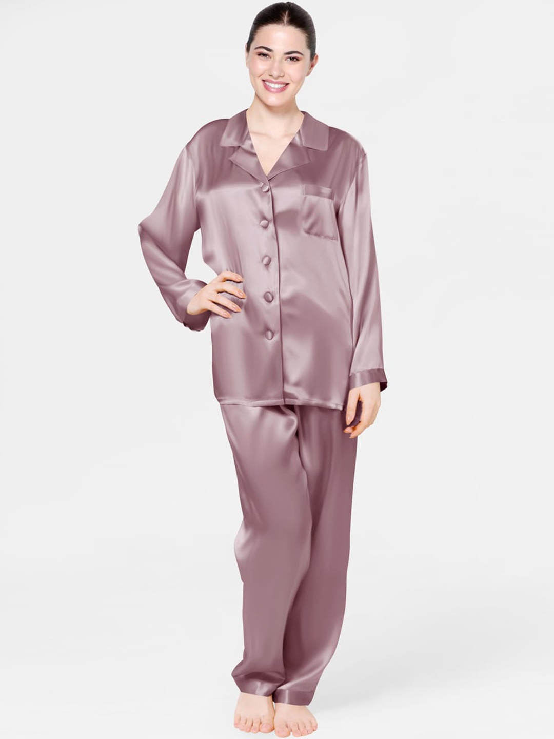 

Bella Babe by SK Lapel Collar Satin Night suit, Pink
