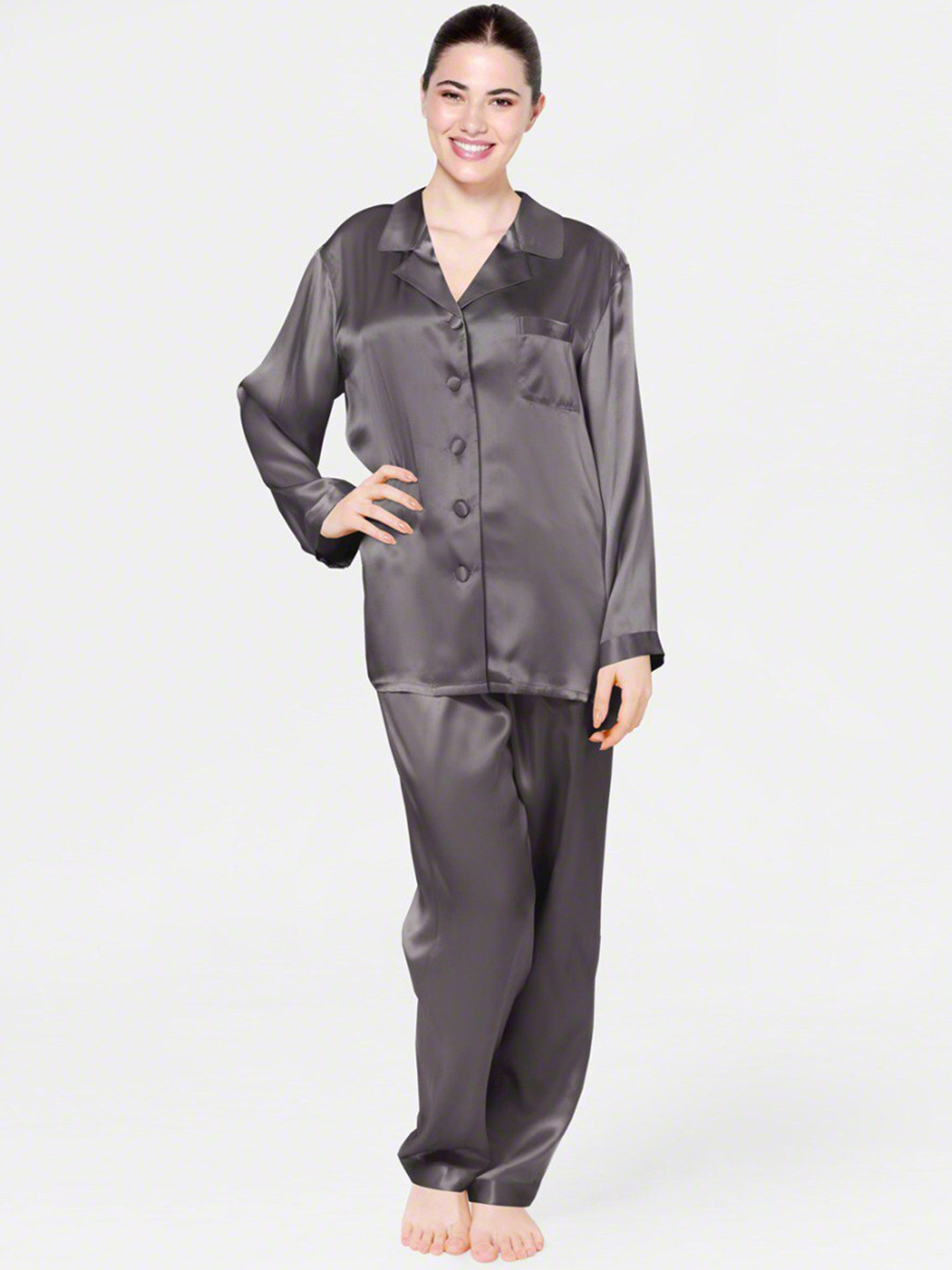 

Bella Babe by SK Lapel Collar Satin Night suit, Grey
