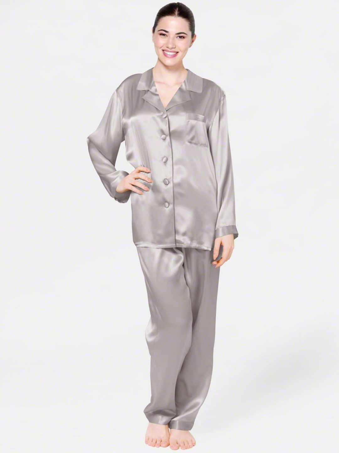 

Bella Babe by SK Lapel Collar Satin Night suit, Grey