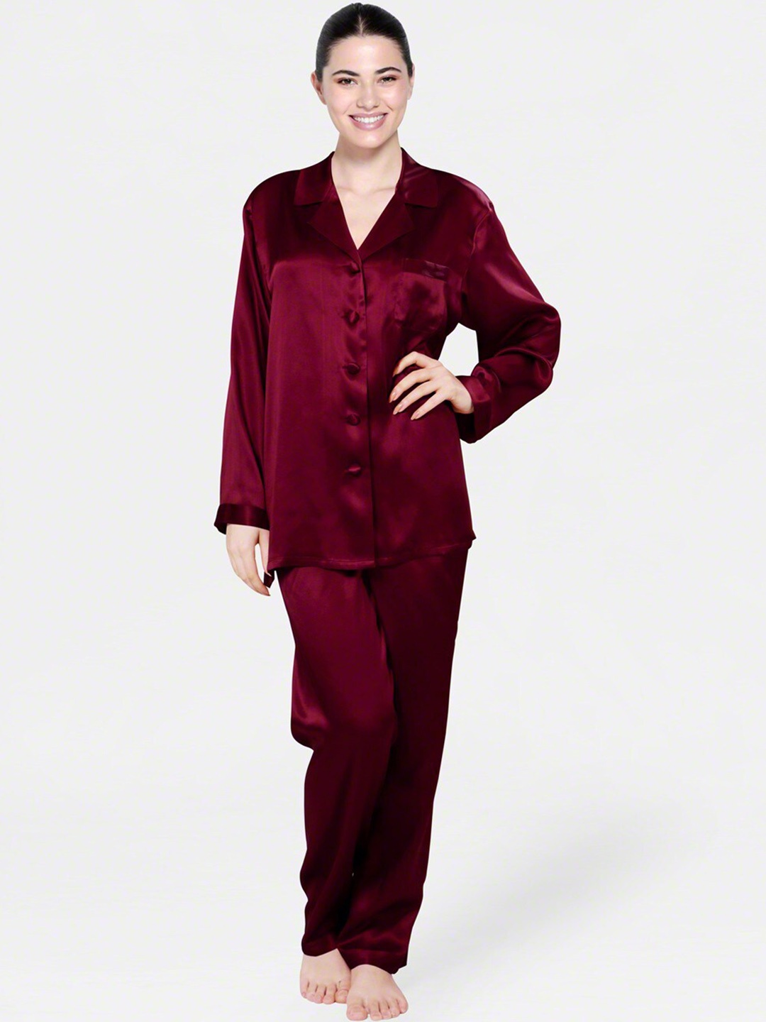 

Bella Babe by SK Lapel Collar Satin Night suit, Red