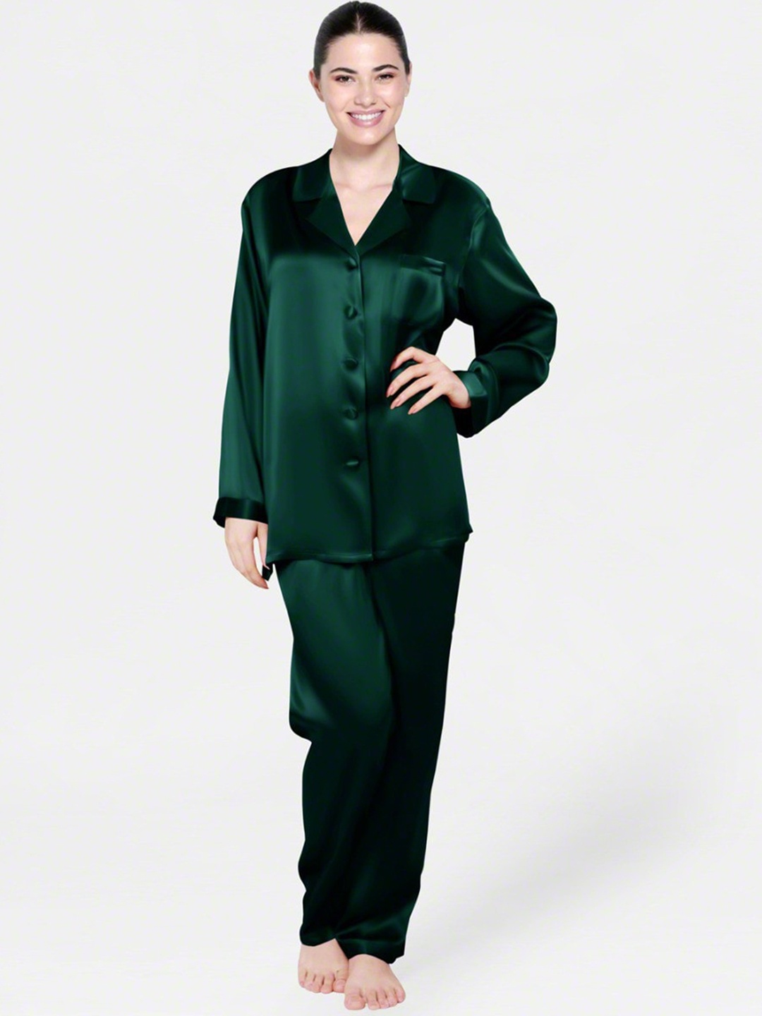 

Bella Babe by SK Lapel Collar Satin Night suit, Green
