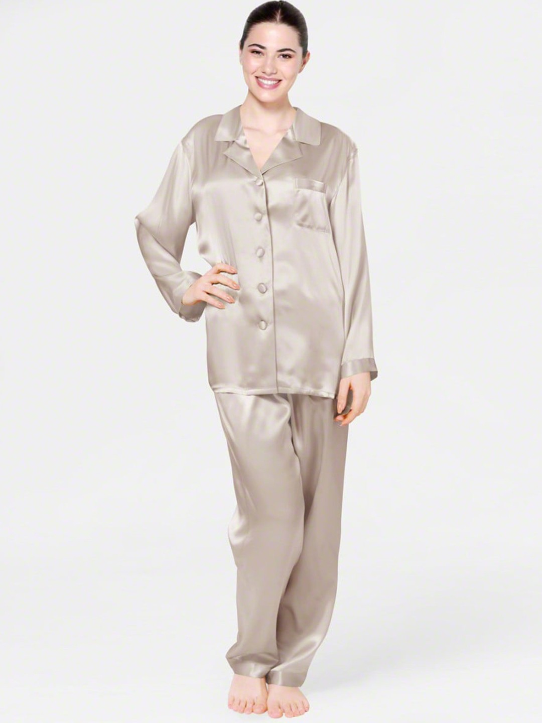 

Bella Babe by SK Lapel Collar Satin Night suit, Beige