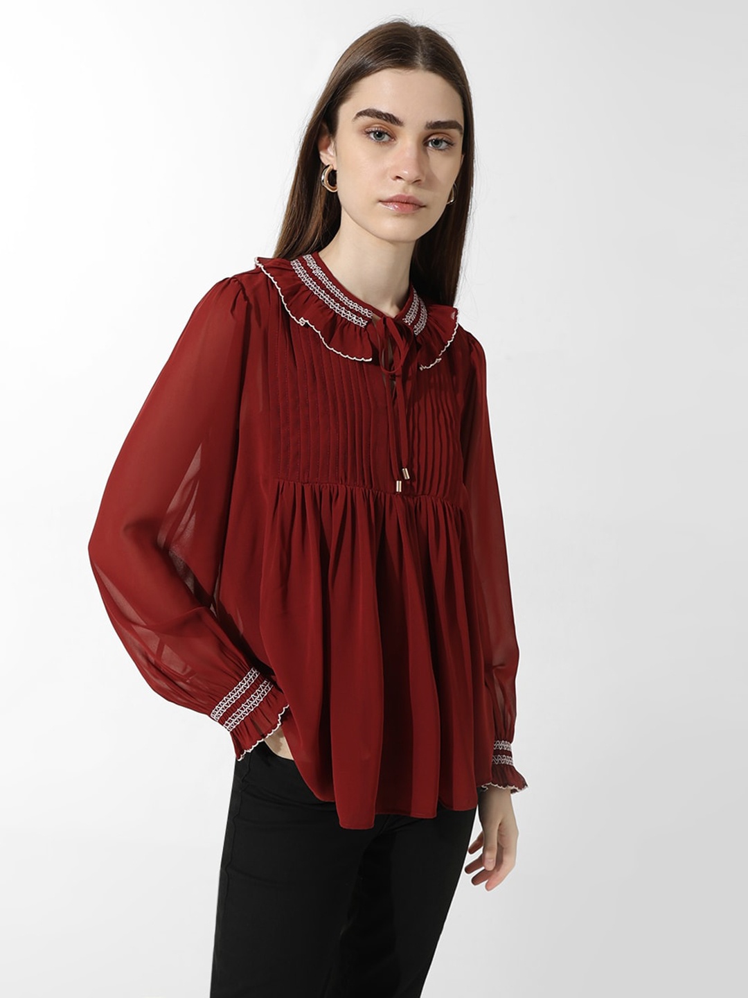 

ONLY Onlmotera Ls Tie-Up Neck Ruffles Shirt Style Top, Red