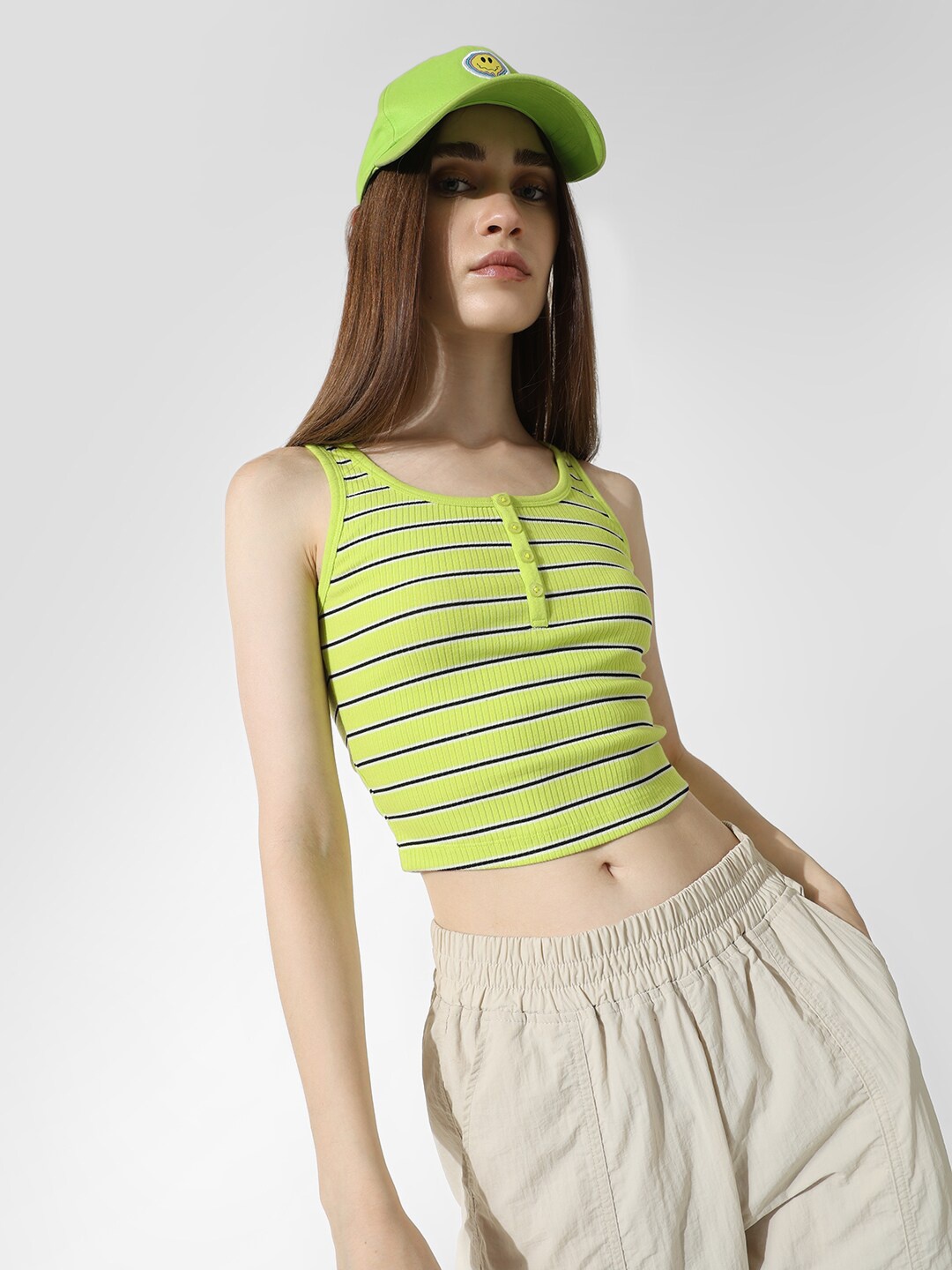 

ONLY Onl Uextango Horizontal Striped Sleeveless Cotton Fitted Crop Top, Green