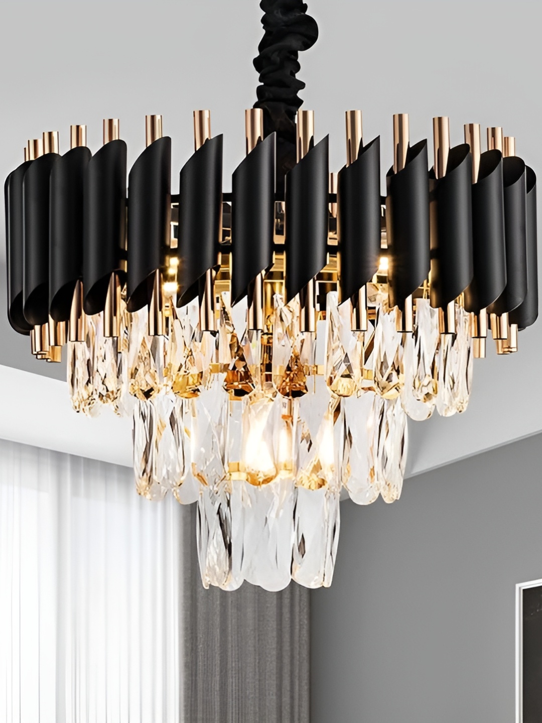 

ADWAIT Black & Gold-Toned Textured Glass Contemporary Ceiling Lamp