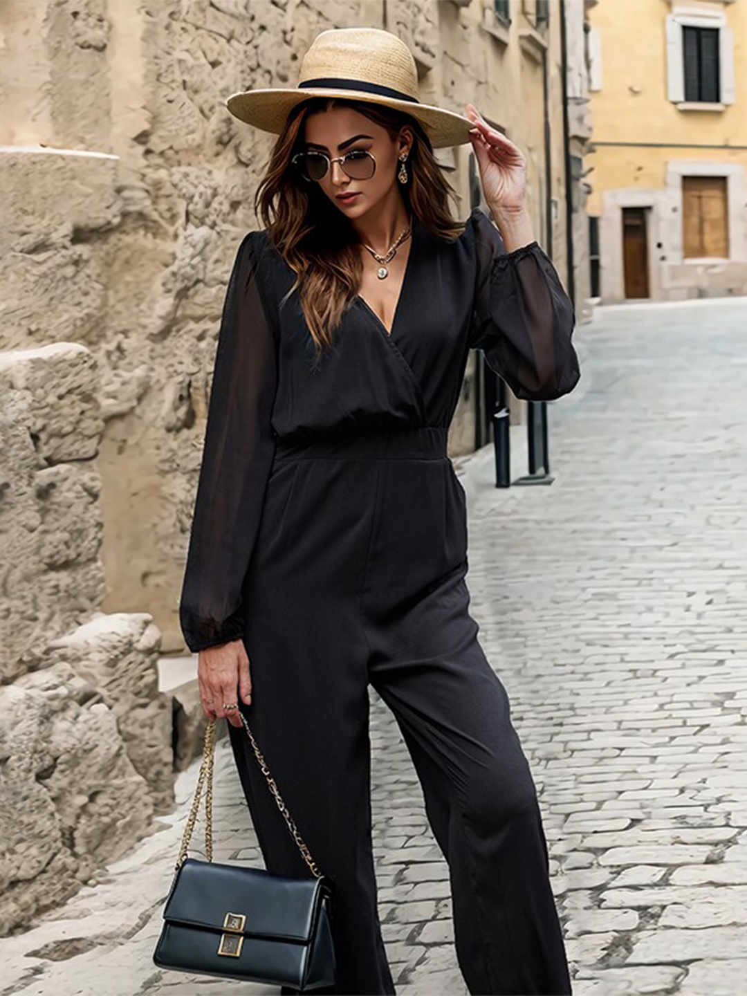 

all about you Black V-Neck Long Sleeves Basic Jumpsuit