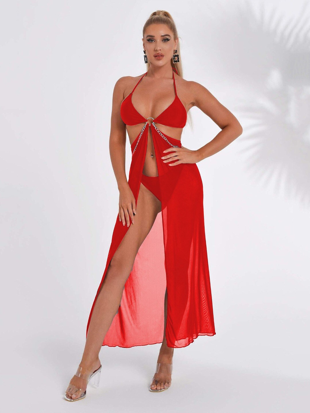 

VAGHBHATT Self Design Net Halter Neck Baby Doll, Red