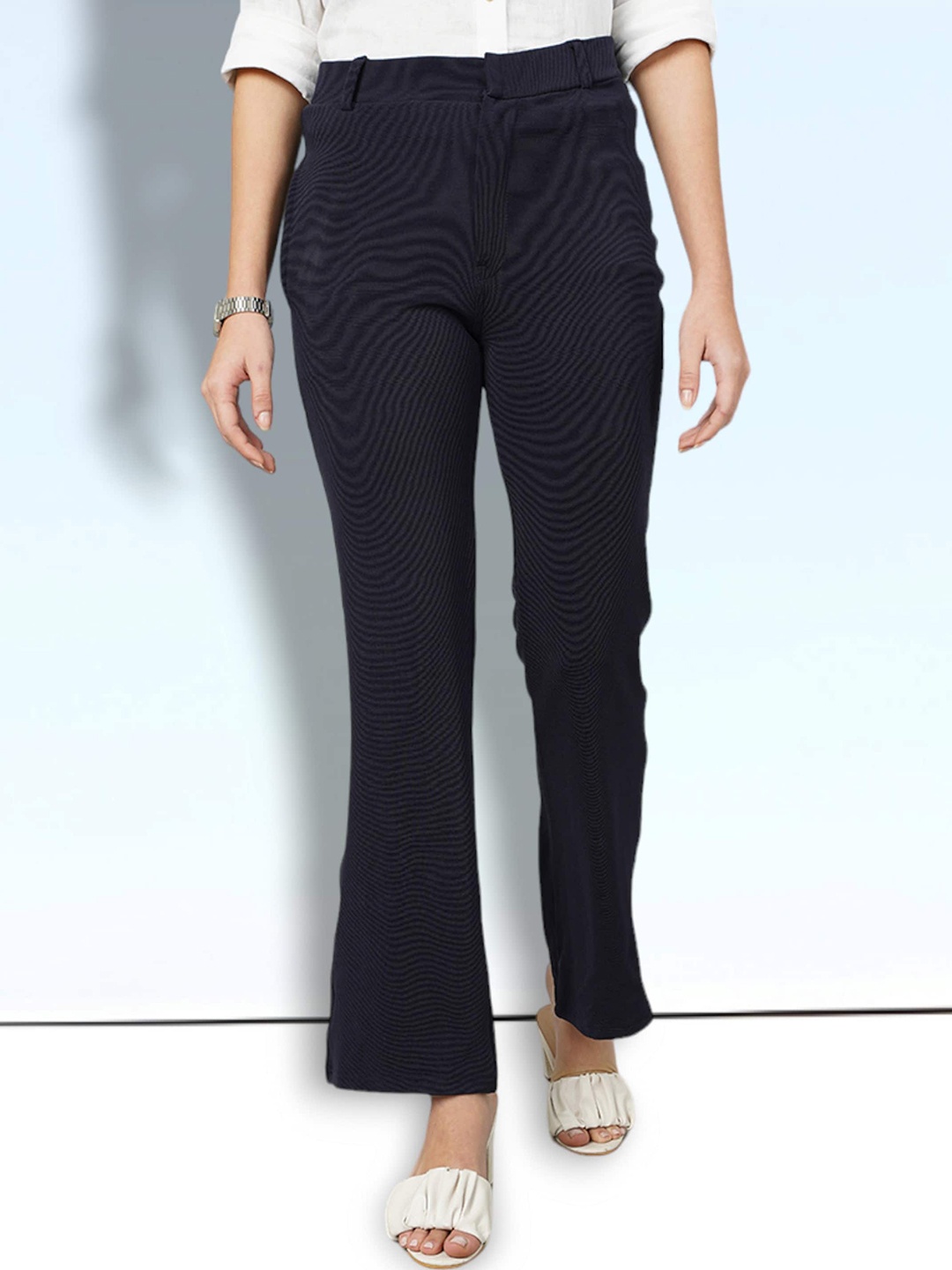 

FITHUB Women Regular Fit High-Rise Cotton Bootcut Trousers, Navy blue