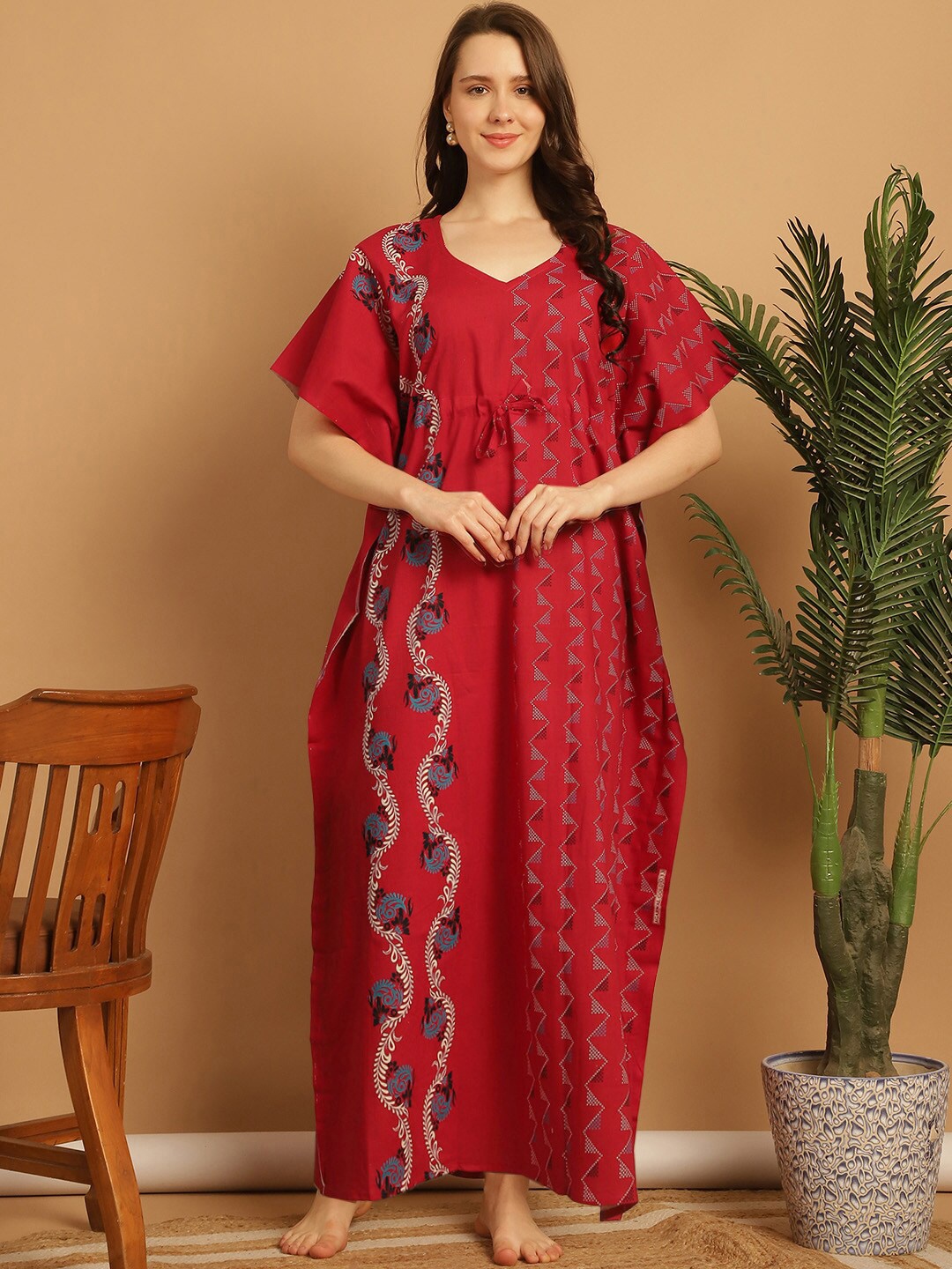 

Secret Wish Ethnic Motifs Printed V-Neck Pure Cotton Maxi Kaftan Nightdress, Red